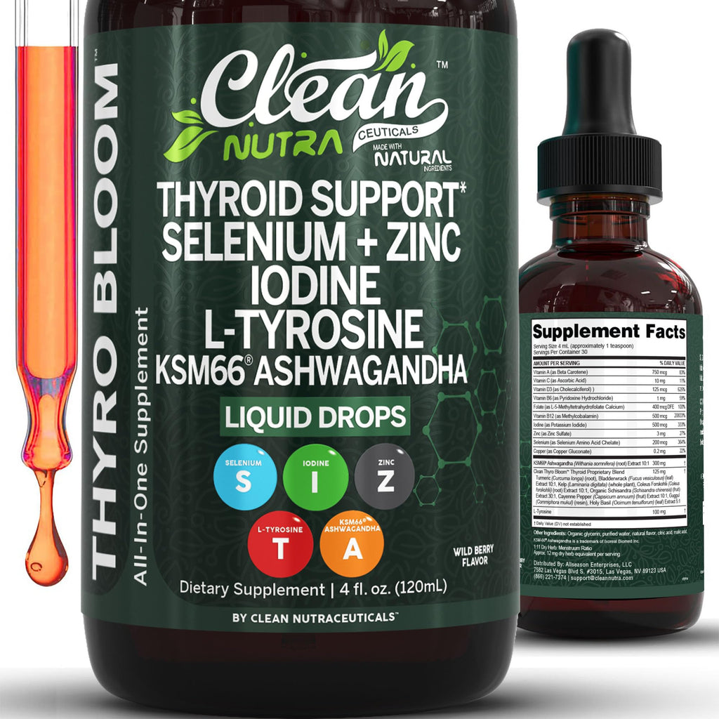 Clean Nutra Thyroid Support Drops Selenium Zinc Iodine L Tyrosine KSM66 Ashwagandha Vitamin D3 B12 A C Turmeric Kelp Schisandra Guggul Cayenne Basil Liquid Supplement Folate Copper Thyro Bloom Drop - TrustMedUSA