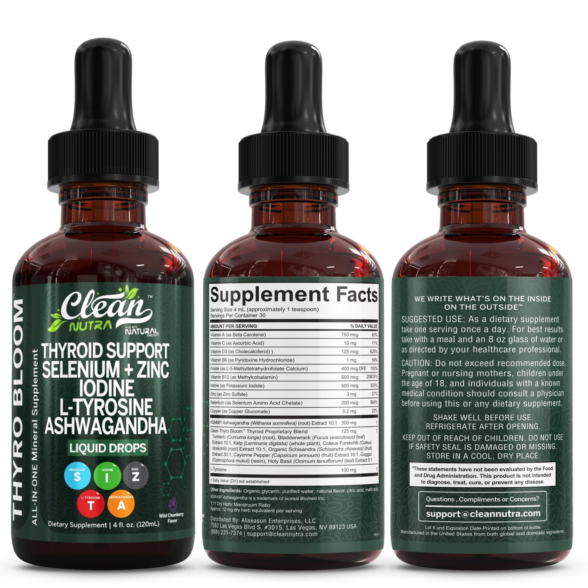 Clean Nutra Thyroid Support Drops Selenium Zinc Iodine L Tyrosine KSM66 Ashwagandha Vitamin D3 B12 A C Turmeric Kelp Schisandra Guggul Cayenne Basil Liquid Supplement Folate Copper Thyro Bloom Drop - TrustMedUSA