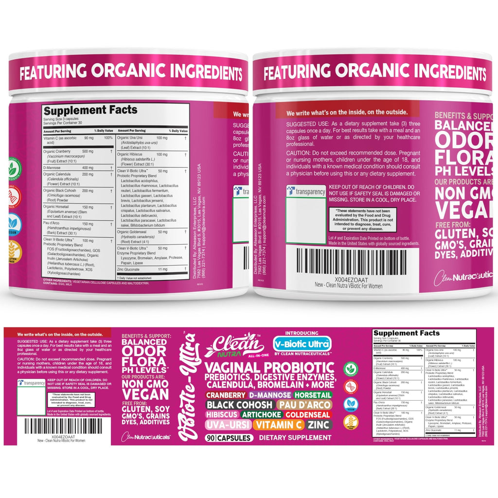 Clean Nutra Vaginal Probiotics for Women + Prebiotics Digestive Enzymes Bromelain Cranberry D Mannose Horsetail Black Cohosh Artichoke Hibiscus Flowers Probiotic for Digestive Health 90 Vegan Capsules - TrustMedUSA