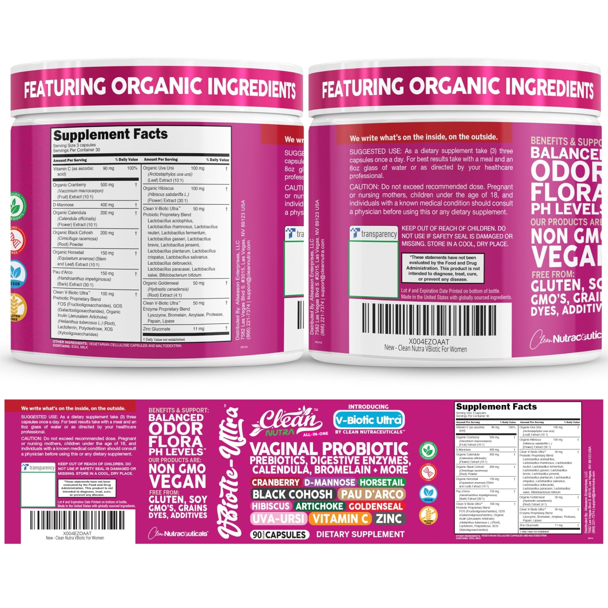 Clean Nutra Vaginal Probiotics for Women + Prebiotics Digestive Enzymes Bromelain Cranberry D Mannose Horsetail Black Cohosh Artichoke Hibiscus Flowers Probiotic for Digestive Health 90 Vegan Capsules - TrustMedUSA