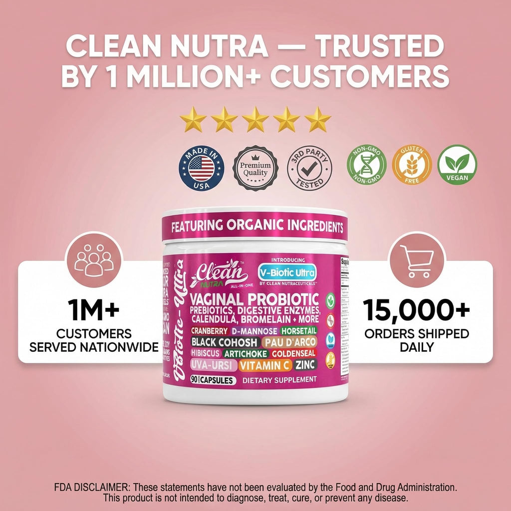 Clean Nutra Vaginal Probiotics for Women + Prebiotics Digestive Enzymes Bromelain Cranberry D Mannose Horsetail Black Cohosh Artichoke Hibiscus Flowers Probiotic for Digestive Health 90 Vegan Capsules - TrustMedUSA