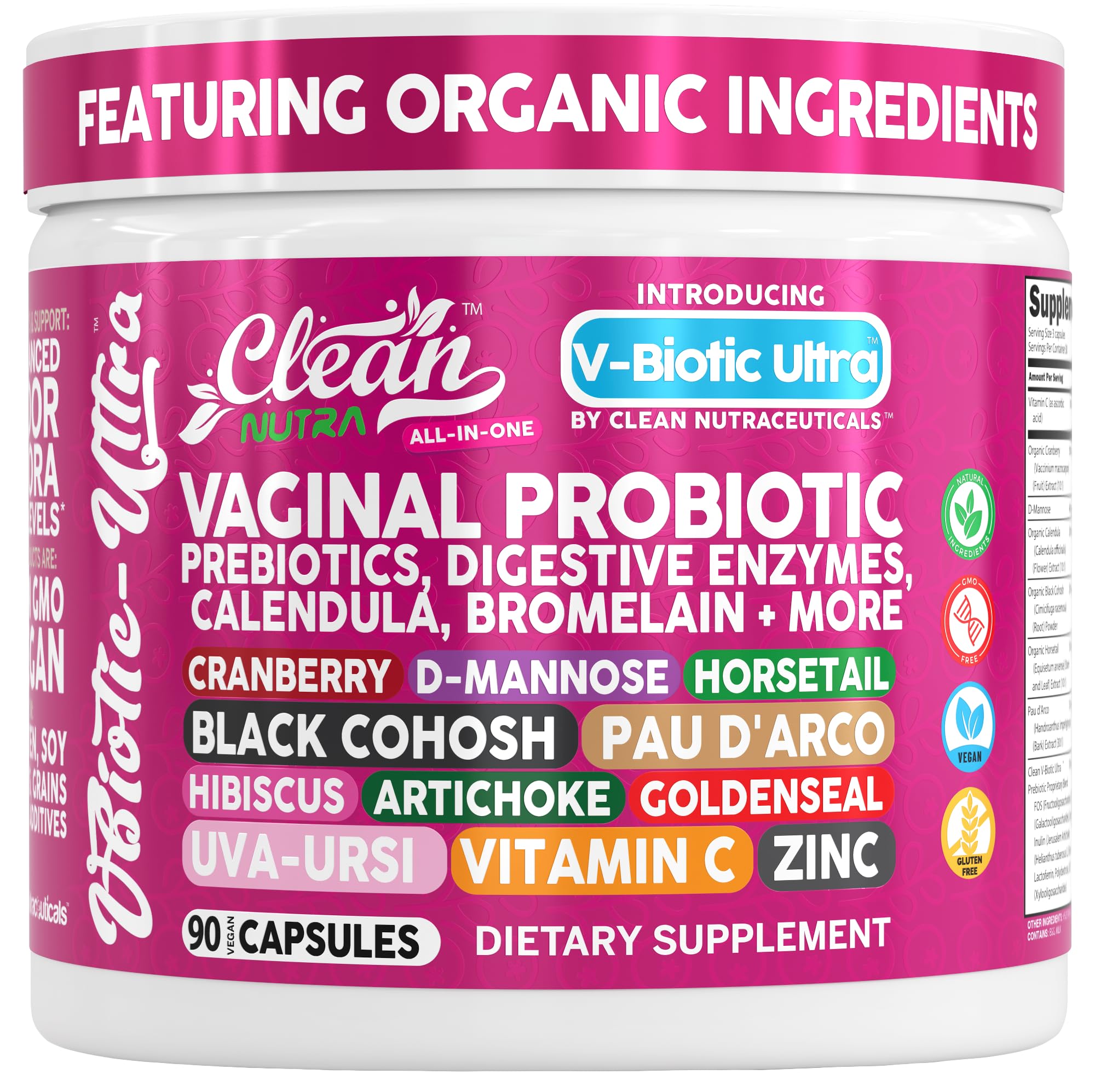 Clean Nutra Vaginal Probiotics for Women + Prebiotics Digestive Enzymes Bromelain Cranberry D Mannose Horsetail Black Cohosh Artichoke Hibiscus Flowers Probiotic for Digestive Health 90 Vegan Capsules - TrustMedUSA