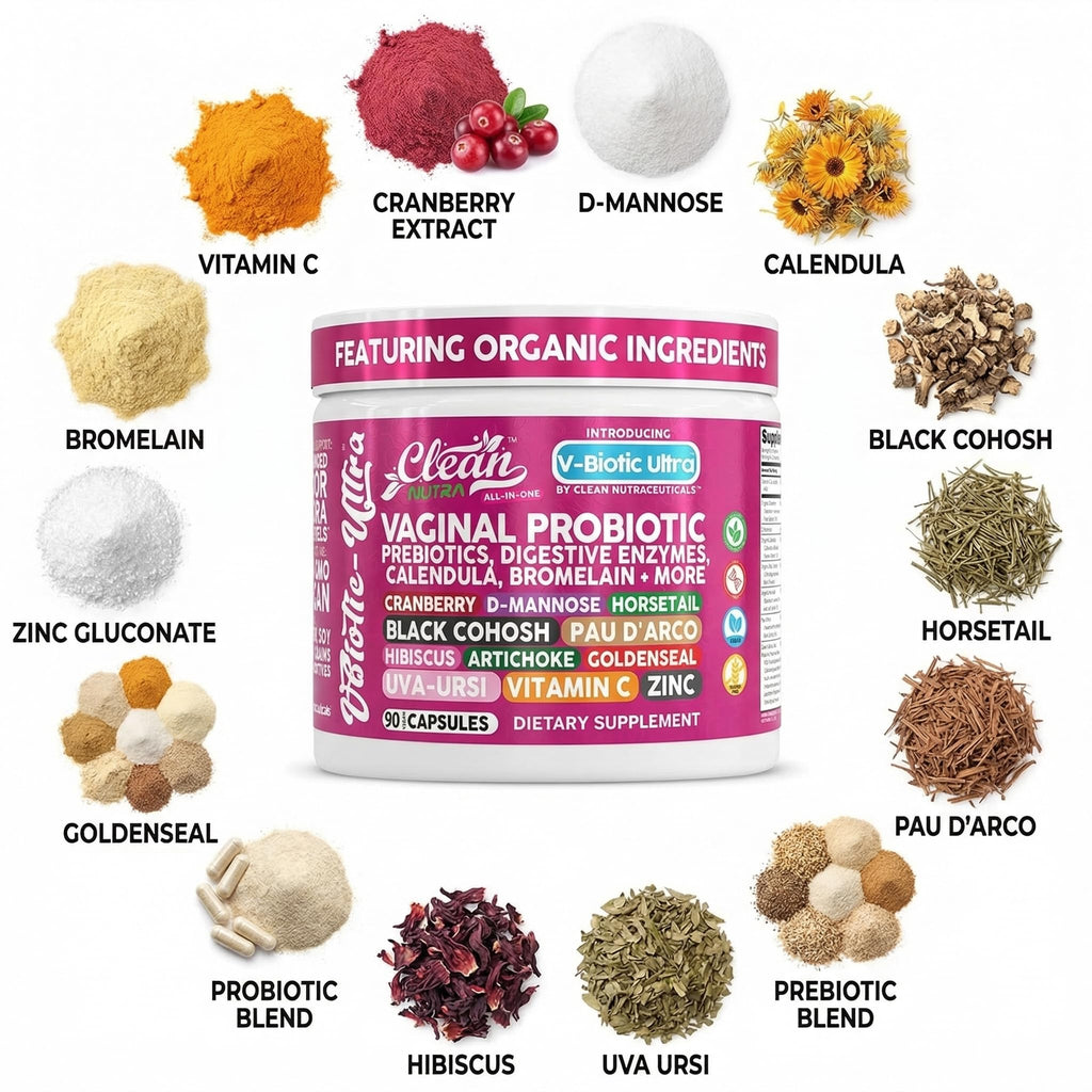 Clean Nutra Vaginal Probiotics for Women + Prebiotics Digestive Enzymes Bromelain Cranberry D Mannose Horsetail Black Cohosh Artichoke Hibiscus Flowers Probiotic for Digestive Health 90 Vegan Capsules - TrustMedUSA