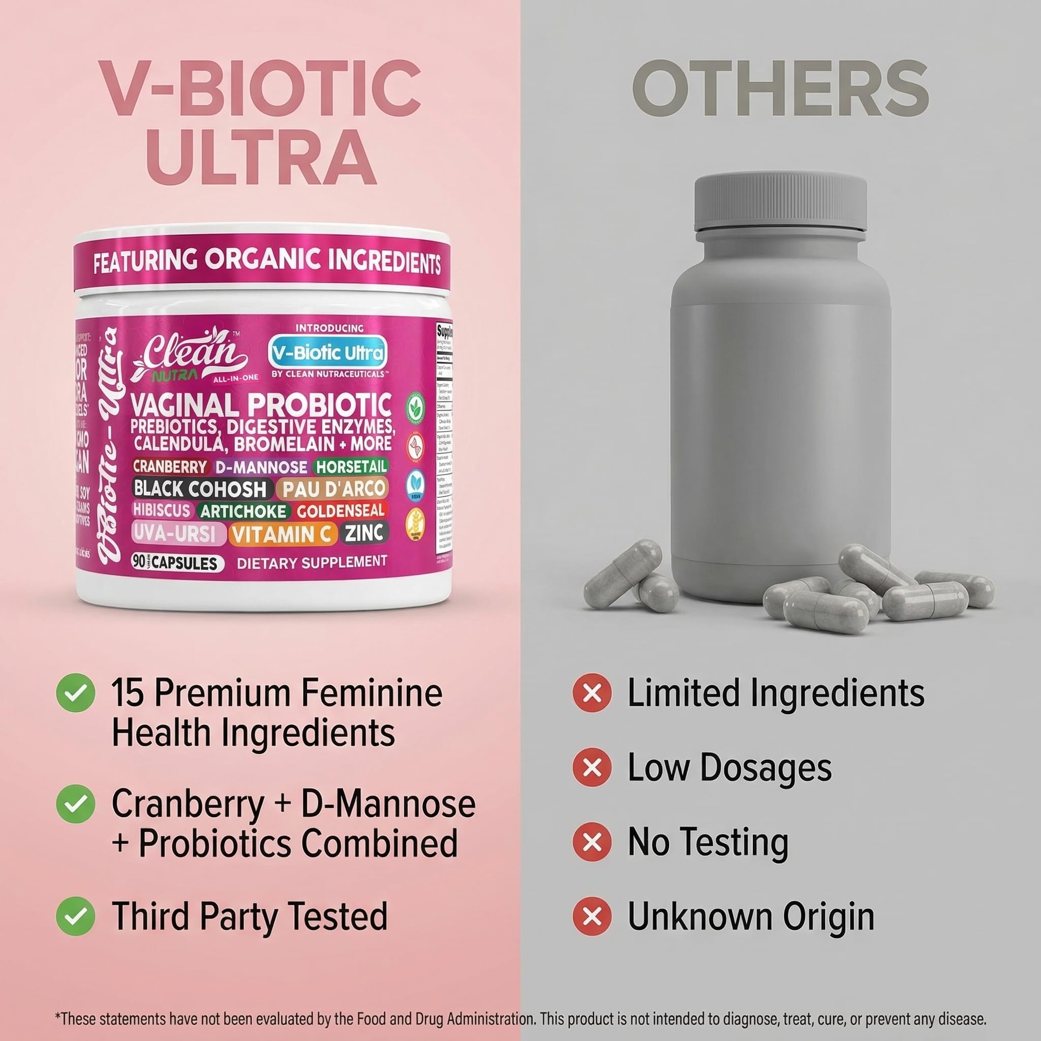 Clean Nutra Vaginal Probiotics for Women + Prebiotics Digestive Enzymes Bromelain Cranberry D Mannose Horsetail Black Cohosh Artichoke Hibiscus Flowers Probiotic for Digestive Health 90 Vegan Capsules - TrustMedUSA