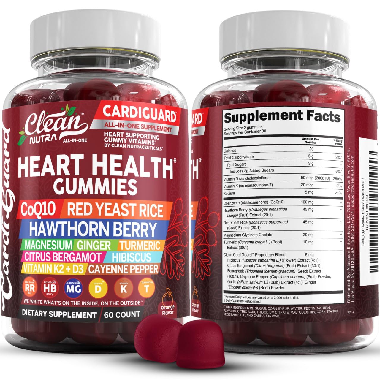Clean Nutraceuticals Coq10 Gummies | Red Yeast Rice Hawthorn Berry Ginger Turmeric Citrus Bergamot Hibiscus Vitamin K2+D3 Magnesium Glycinate Cayenne Pepper Fenugreek Orange Flavor CardiGuard - TrustMedUSA