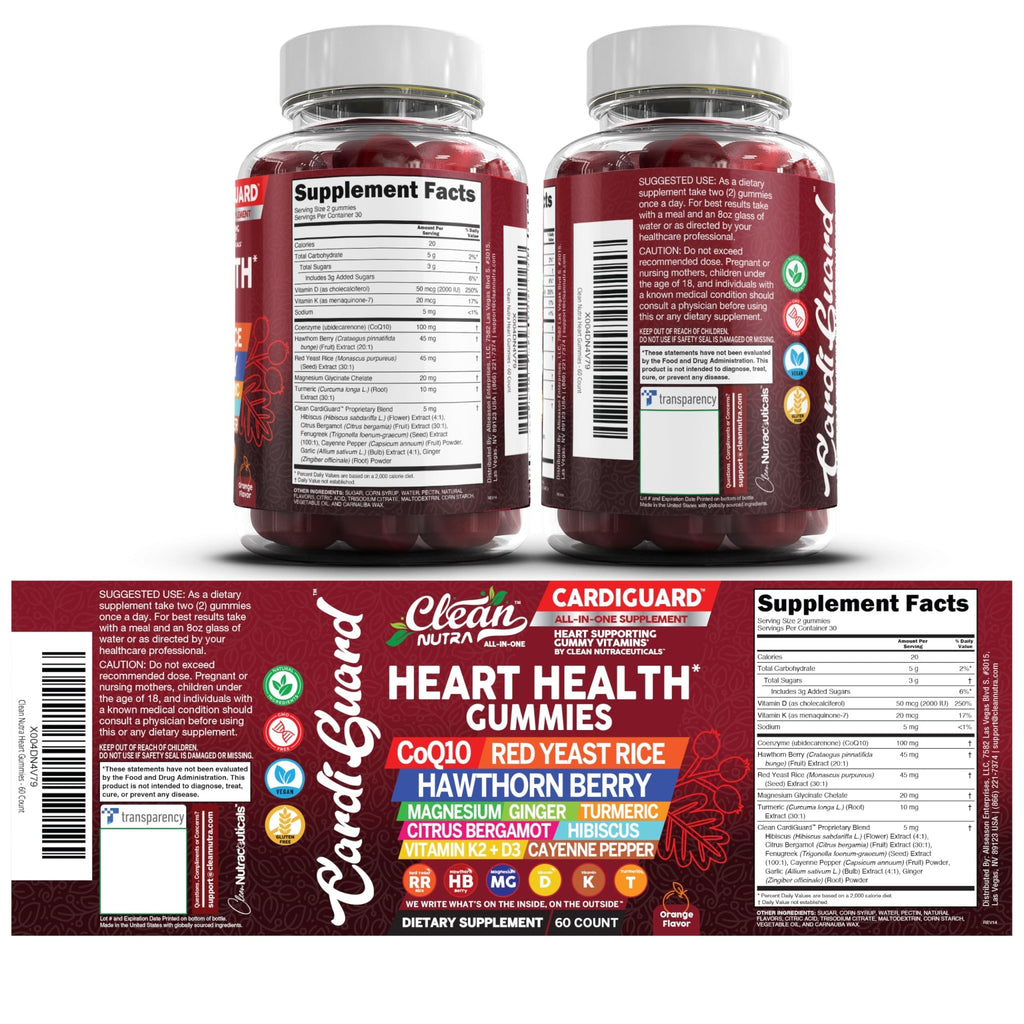 Clean Nutraceuticals Coq10 Gummies | Red Yeast Rice Hawthorn Berry Ginger Turmeric Citrus Bergamot Hibiscus Vitamin K2+D3 Magnesium Glycinate Cayenne Pepper Fenugreek Orange Flavor CardiGuard - TrustMedUSA