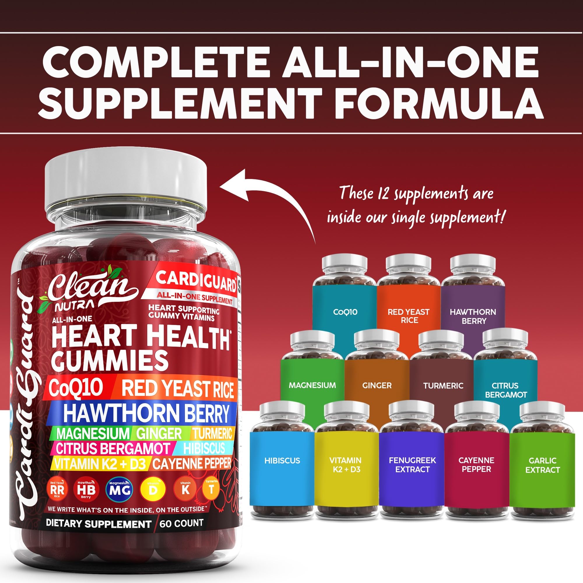 Clean Nutraceuticals Coq10 Gummies | Red Yeast Rice Hawthorn Berry Ginger Turmeric Citrus Bergamot Hibiscus Vitamin K2+D3 Magnesium Glycinate Cayenne Pepper Fenugreek Orange Flavor CardiGuard - TrustMedUSA