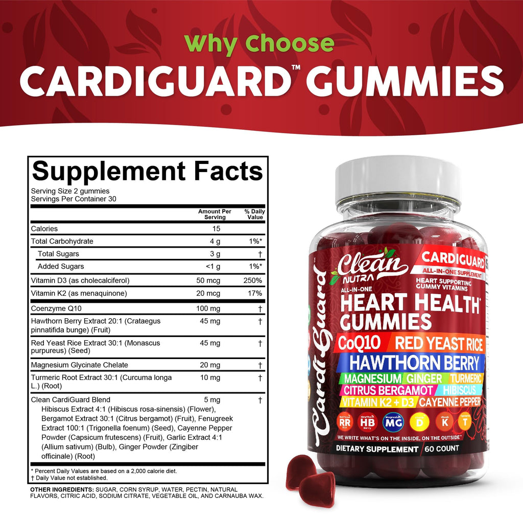 Clean Nutraceuticals Coq10 Gummies | Red Yeast Rice Hawthorn Berry Ginger Turmeric Citrus Bergamot Hibiscus Vitamin K2+D3 Magnesium Glycinate Cayenne Pepper Fenugreek Orange Flavor CardiGuard - TrustMedUSA