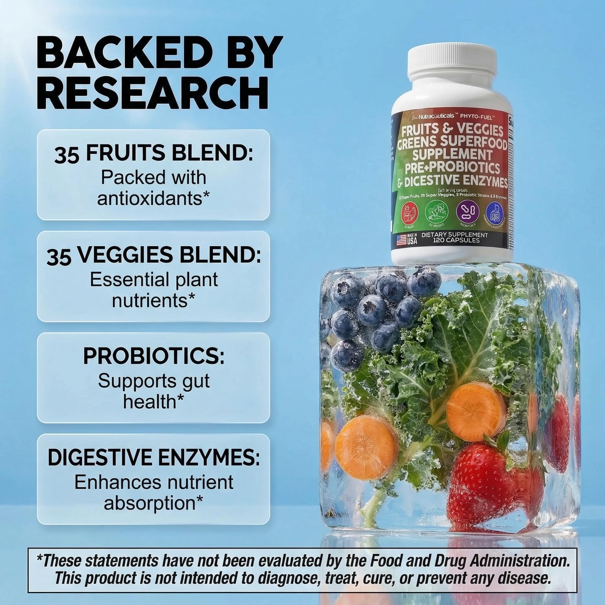 Clean Nutraceuticals Fruits and Veggies Supplement Reds & Green Superfood - Balance of Over 70 Fruit & Vegetable Supplements Capsules with Probiotics Prebiotics Digestive Enzymes - 120 Ct USA - TrustMedUSA