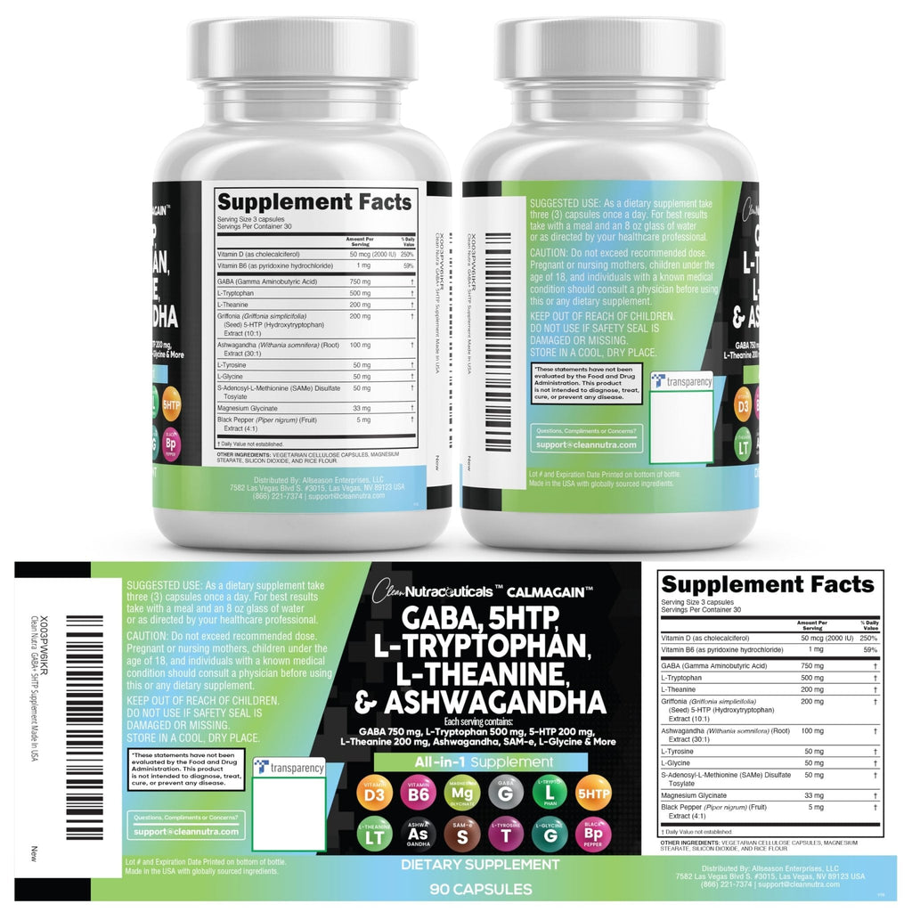 Clean Nutraceuticals GABA 750mg 5 HTP 200mg L Tryptophan 500mg L Theanine 200mg Ashwagandha SAM-e L-Glycine - Mood Support Vitamins for Women and Men with L-Tyrosine 5-HTP (5-Hydroxytryptophan) - Maple Wellness Supplements
