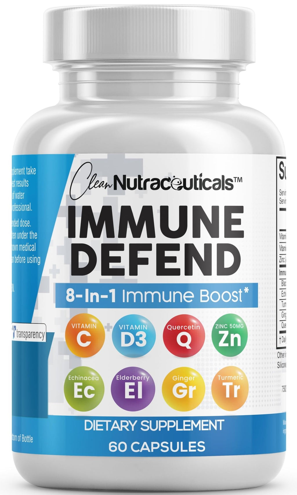 Clean Nutraceuticals Immune Defense Support Supplement 8 in 1 with Zinc 50mg Quercetin, VIT C 1000mg, Vitamin D3 5000 IU, Elderberry, Ginger - TrustMedUSA