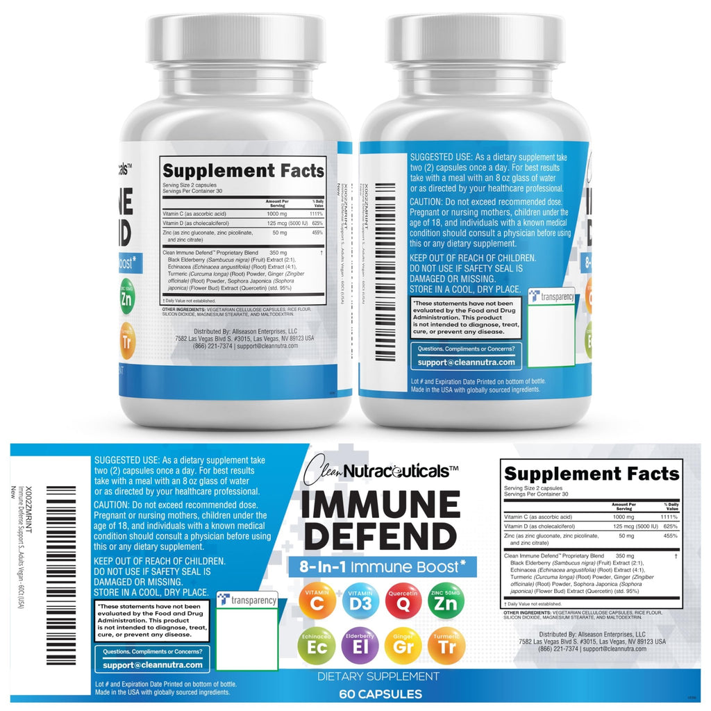 Clean Nutraceuticals Immune Defense Support Supplement 8 in 1 with Zinc 50mg Quercetin, VIT C 1000mg, Vitamin D3 5000 IU, Elderberry, Ginger - TrustMedUSA