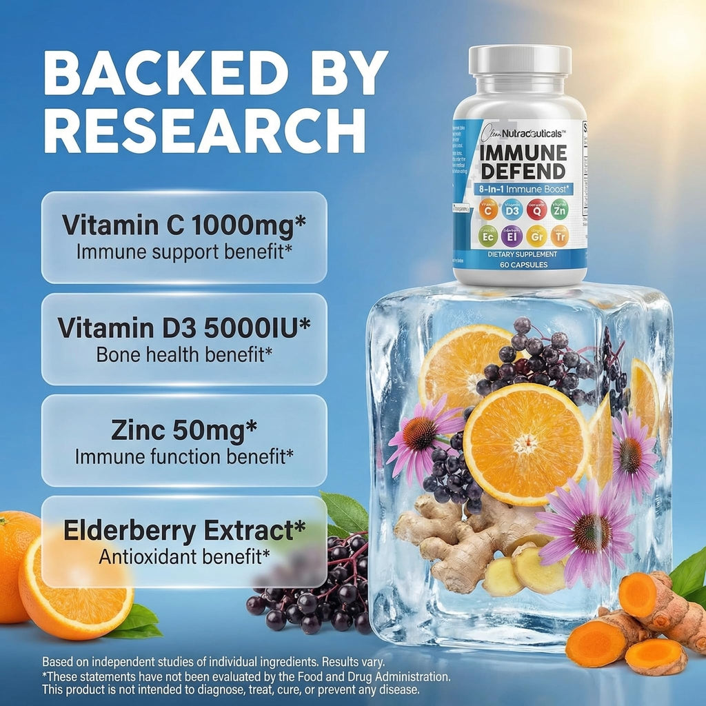 Clean Nutraceuticals Immune Defense Support Supplement 8 in 1 with Zinc 50mg Quercetin, VIT C 1000mg, Vitamin D3 5000 IU, Elderberry, Ginger - TrustMedUSA