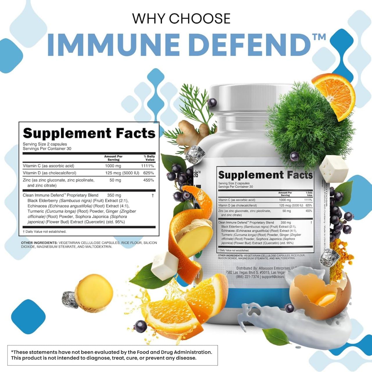 Clean Nutraceuticals Immune Defense Support Supplement 8 in 1 with Zinc 50mg Quercetin, VIT C 1000mg, Vitamin D3 5000 IU, Elderberry, Ginger - TrustMedUSA