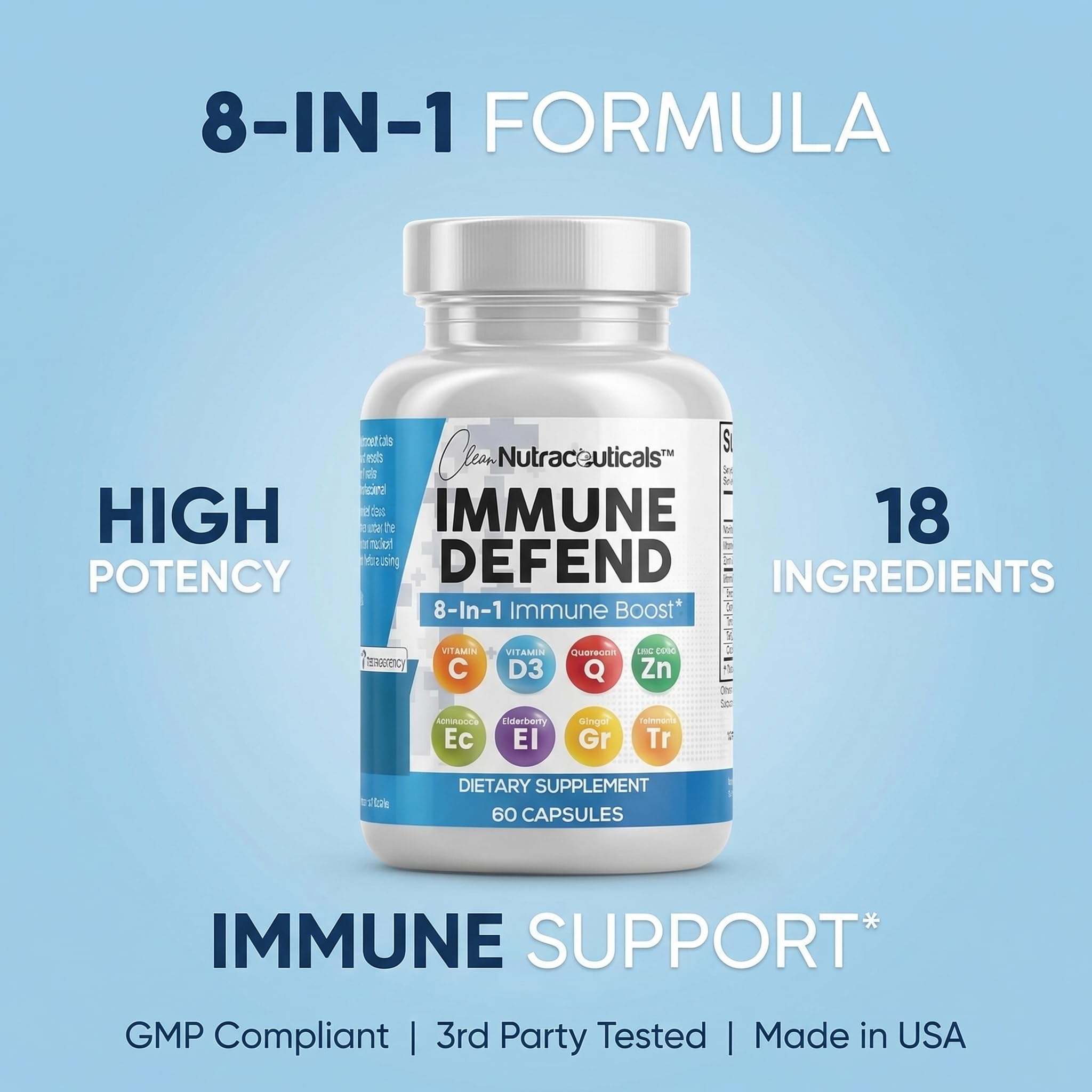 Clean Nutraceuticals Immune Defense Support Supplement 8 in 1 with Zinc 50mg Quercetin, VIT C 1000mg, Vitamin D3 5000 IU, Elderberry, Ginger - TrustMedUSA