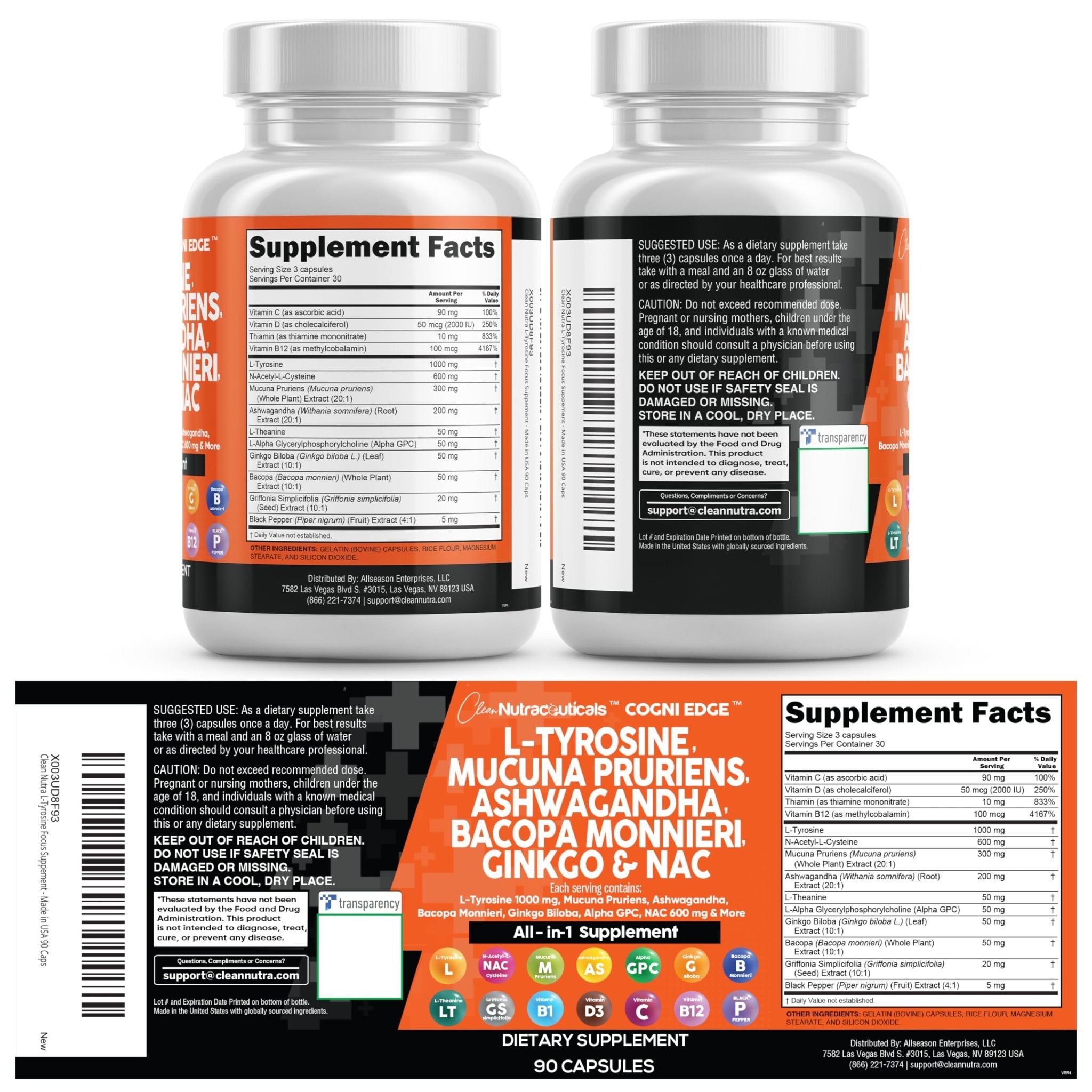 Clean Nutraceuticals L Tyrosine Mucuna Pruriens Bacopa Monnieri Ashwagandha Focus Supplement w/N-Acetyl Cysteine NAC 5-HTP Ginkgo Biloba Alpha GPC Vitamin C D B1 B12 - TrustMedUSA