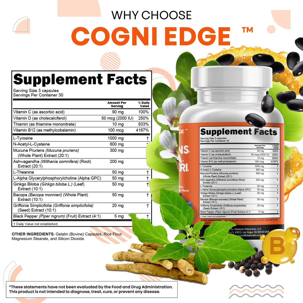 Clean Nutraceuticals L Tyrosine Mucuna Pruriens Bacopa Monnieri Ashwagandha Focus Supplement w/N-Acetyl Cysteine NAC 5-HTP Ginkgo Biloba Alpha GPC Vitamin C D B1 B12 - TrustMedUSA