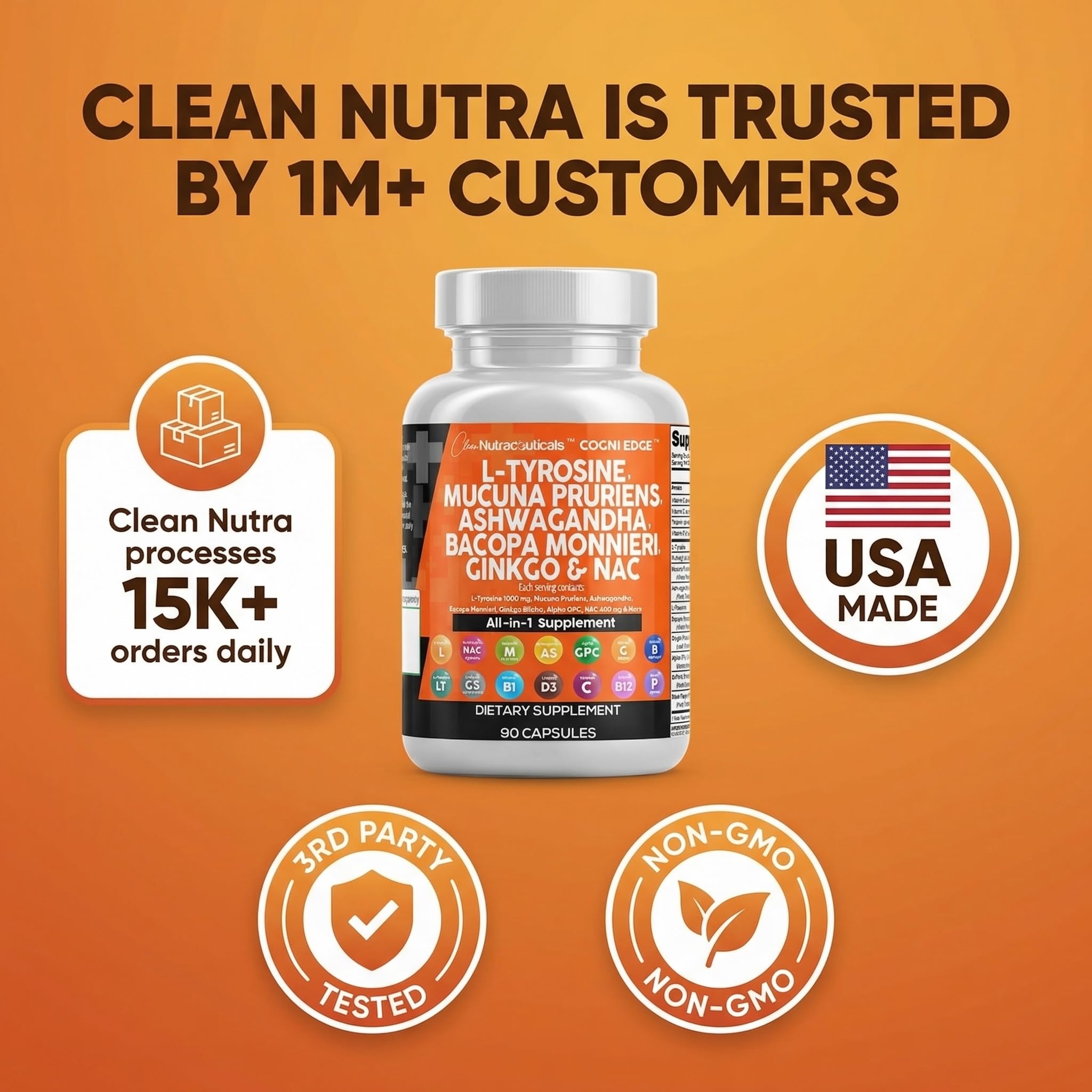 Clean Nutraceuticals L Tyrosine Mucuna Pruriens Bacopa Monnieri Ashwagandha Focus Supplement w/N-Acetyl Cysteine NAC 5-HTP Ginkgo Biloba Alpha GPC Vitamin C D B1 B12 - TrustMedUSA