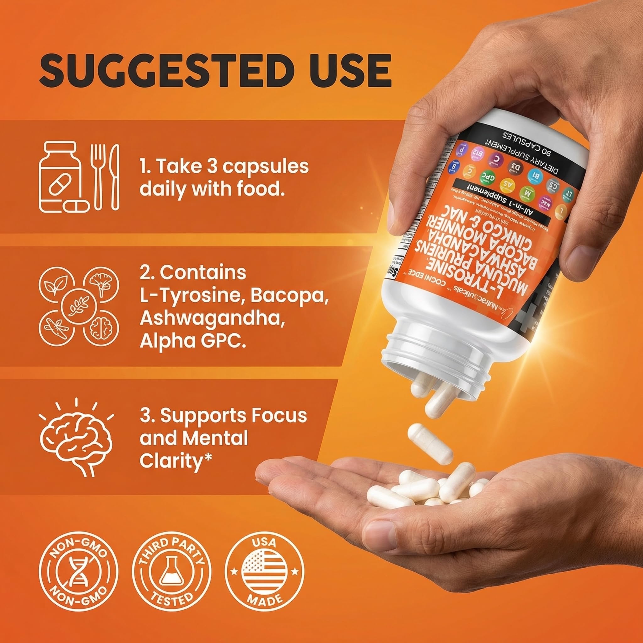 Clean Nutraceuticals L Tyrosine Mucuna Pruriens Bacopa Monnieri Ashwagandha Focus Supplement w/N-Acetyl Cysteine NAC 5-HTP Ginkgo Biloba Alpha GPC Vitamin C D B1 B12 - TrustMedUSA