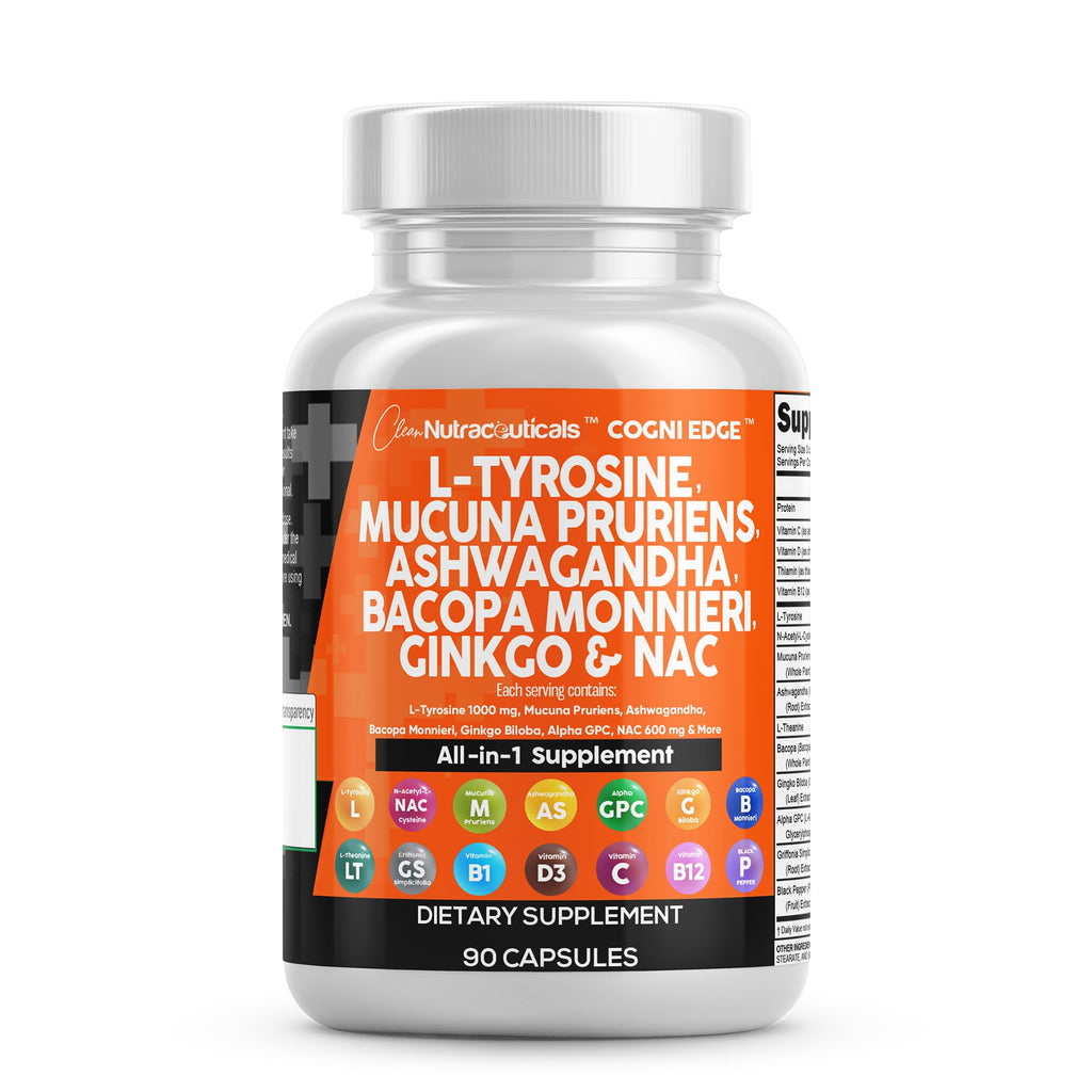 Clean Nutraceuticals L Tyrosine Mucuna Pruriens Bacopa Monnieri Ashwagandha Focus Supplement w/N-Acetyl Cysteine NAC 5-HTP Ginkgo Biloba Alpha GPC Vitamin C D B1 B12 - TrustMedUSA
