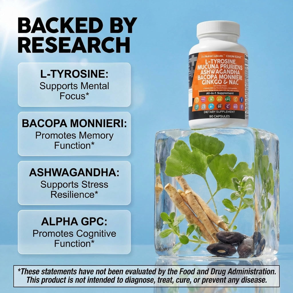 Clean Nutraceuticals L Tyrosine Mucuna Pruriens Bacopa Monnieri Ashwagandha Focus Supplement w/N-Acetyl Cysteine NAC 5-HTP Ginkgo Biloba Alpha GPC Vitamin C D B1 B12 - TrustMedUSA