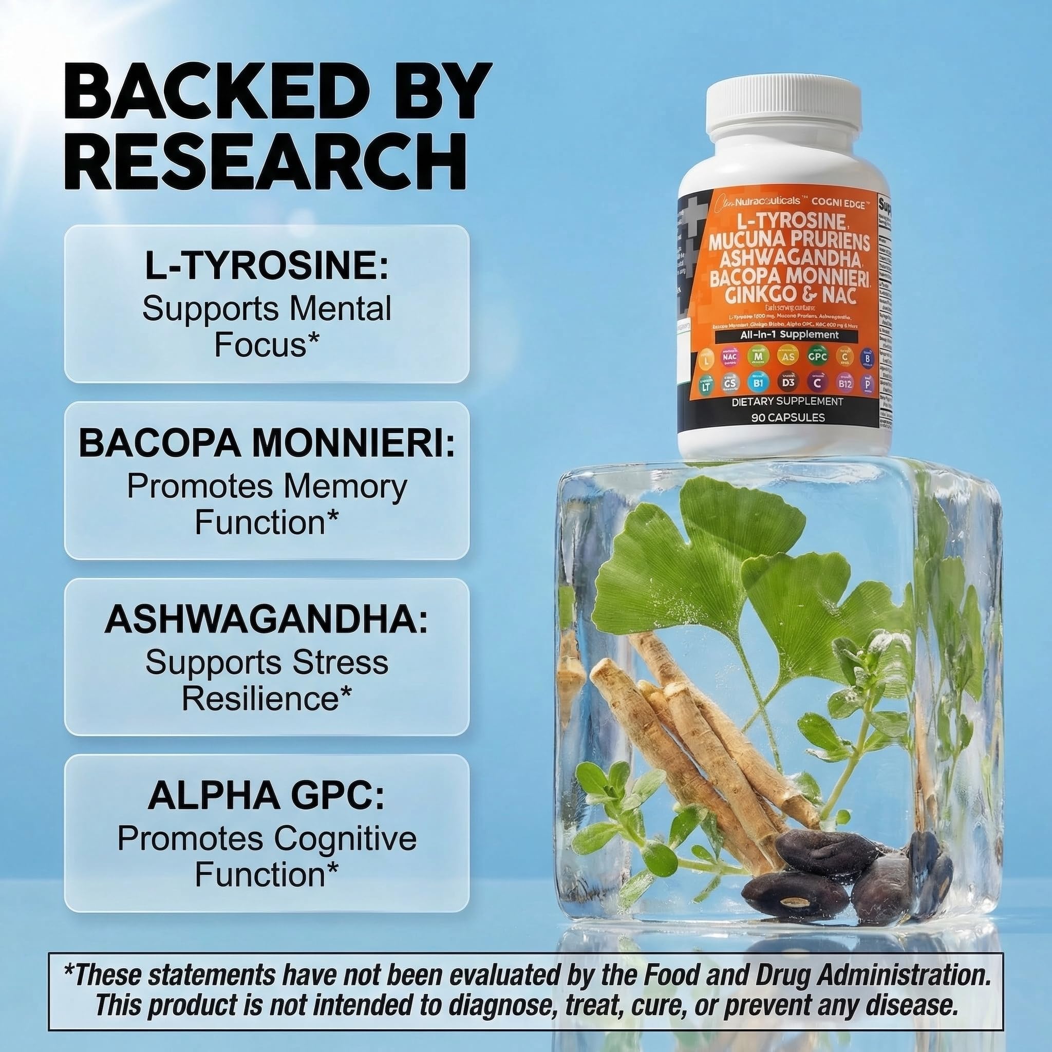Clean Nutraceuticals L Tyrosine Mucuna Pruriens Bacopa Monnieri Ashwagandha Focus Supplement w/N-Acetyl Cysteine NAC 5-HTP Ginkgo Biloba Alpha GPC Vitamin C D B1 B12 - TrustMedUSA