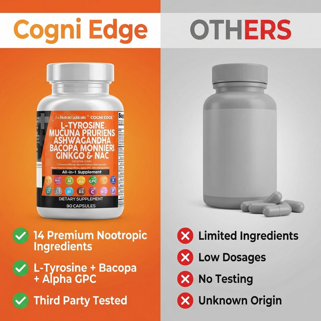 Clean Nutraceuticals L Tyrosine Mucuna Pruriens Bacopa Monnieri Ashwagandha Focus Supplement w/N-Acetyl Cysteine NAC 5-HTP Ginkgo Biloba Alpha GPC Vitamin C D B1 B12 - TrustMedUSA