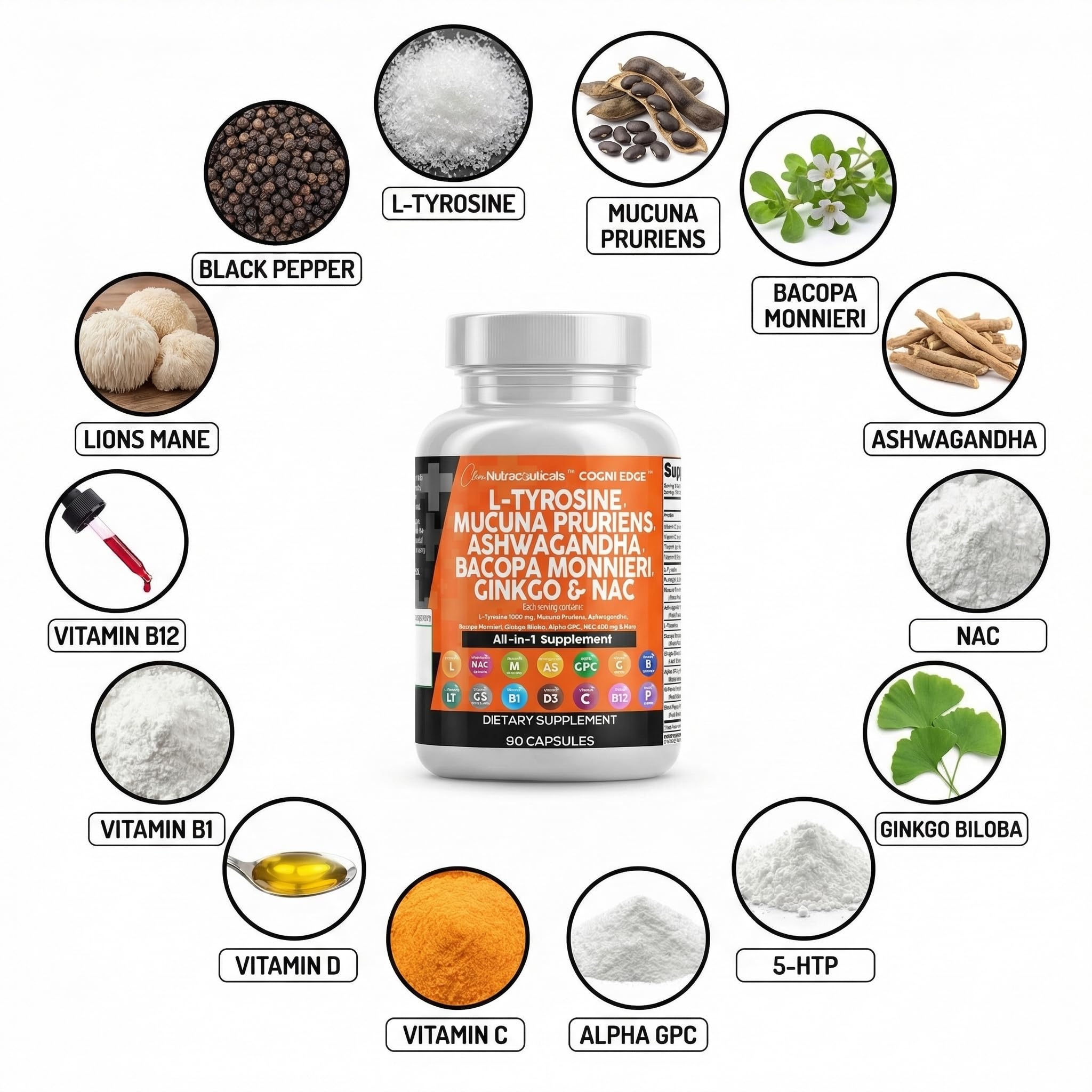 Clean Nutraceuticals L Tyrosine Mucuna Pruriens Bacopa Monnieri Ashwagandha Focus Supplement w/N-Acetyl Cysteine NAC 5-HTP Ginkgo Biloba Alpha GPC Vitamin C D B1 B12 - TrustMedUSA