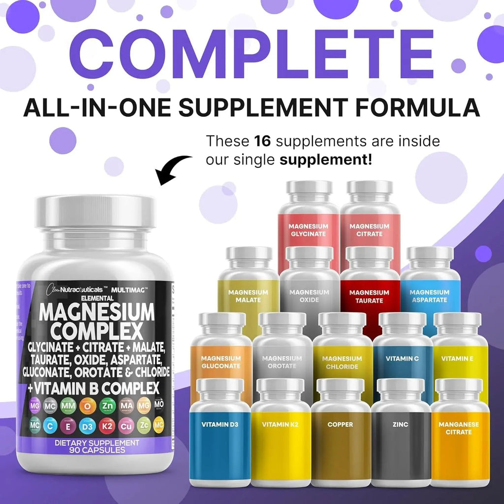 Clean Nutraceuticals Magnesium Complex with Magnesium Glycinate Citrate Malate Oxide Taurate Aspartate Orotate & Mag Chloride, Zinc Copper Manganese (90 Count (Pack of 2)) - TrustMedUSA