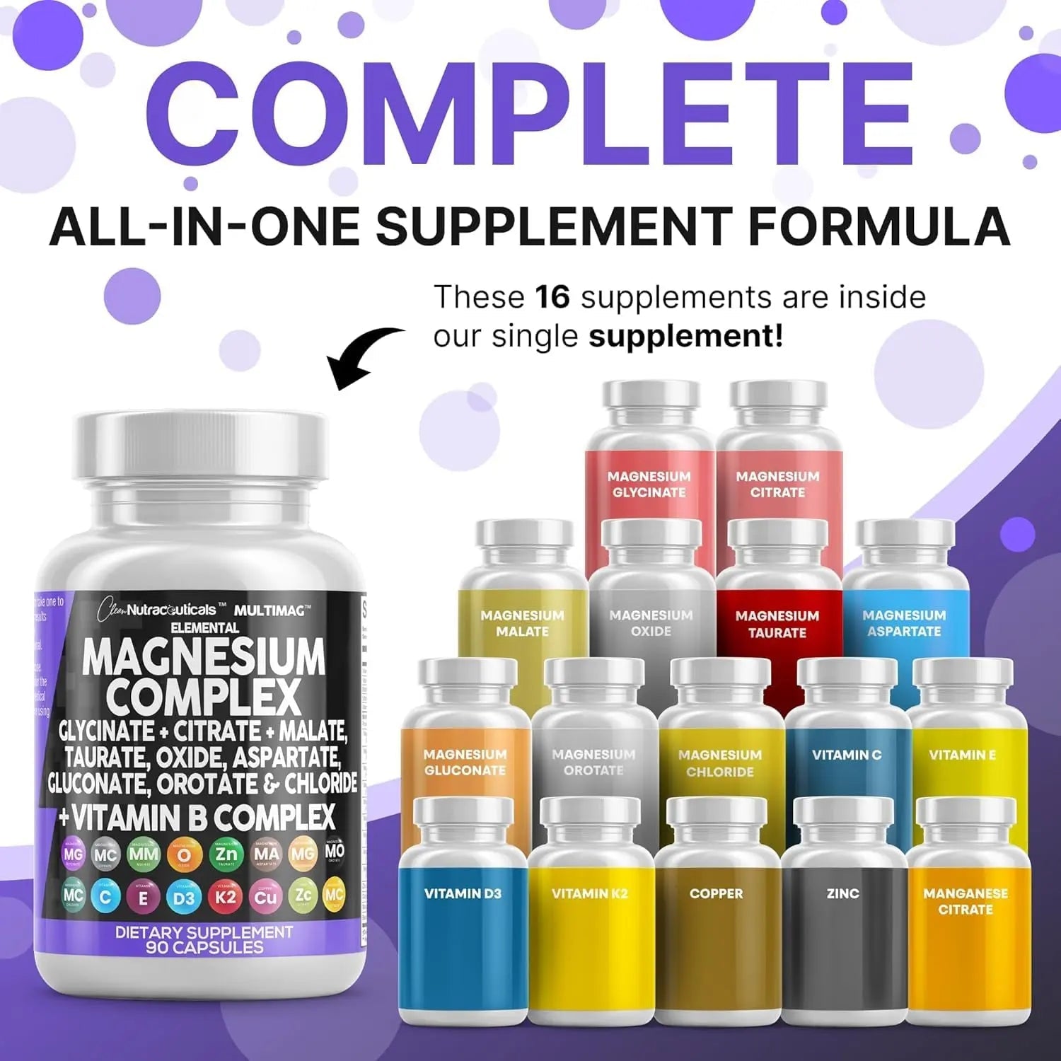 Clean Nutraceuticals Magnesium Complex with Magnesium Glycinate Citrate Malate Oxide Taurate Aspartate Orotate & Mag Chloride, Zinc Copper Manganese (90 Count (Pack of 2)) - TrustMedUSA