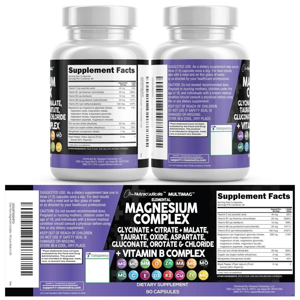 Clean Nutraceuticals Magnesium Complex with Magnesium Glycinate Citrate Malate Oxide Taurate Aspartate Orotate & Mag Chloride, Zinc Copper Manganese (90 Count (Pack of 2)) - TrustMedUSA