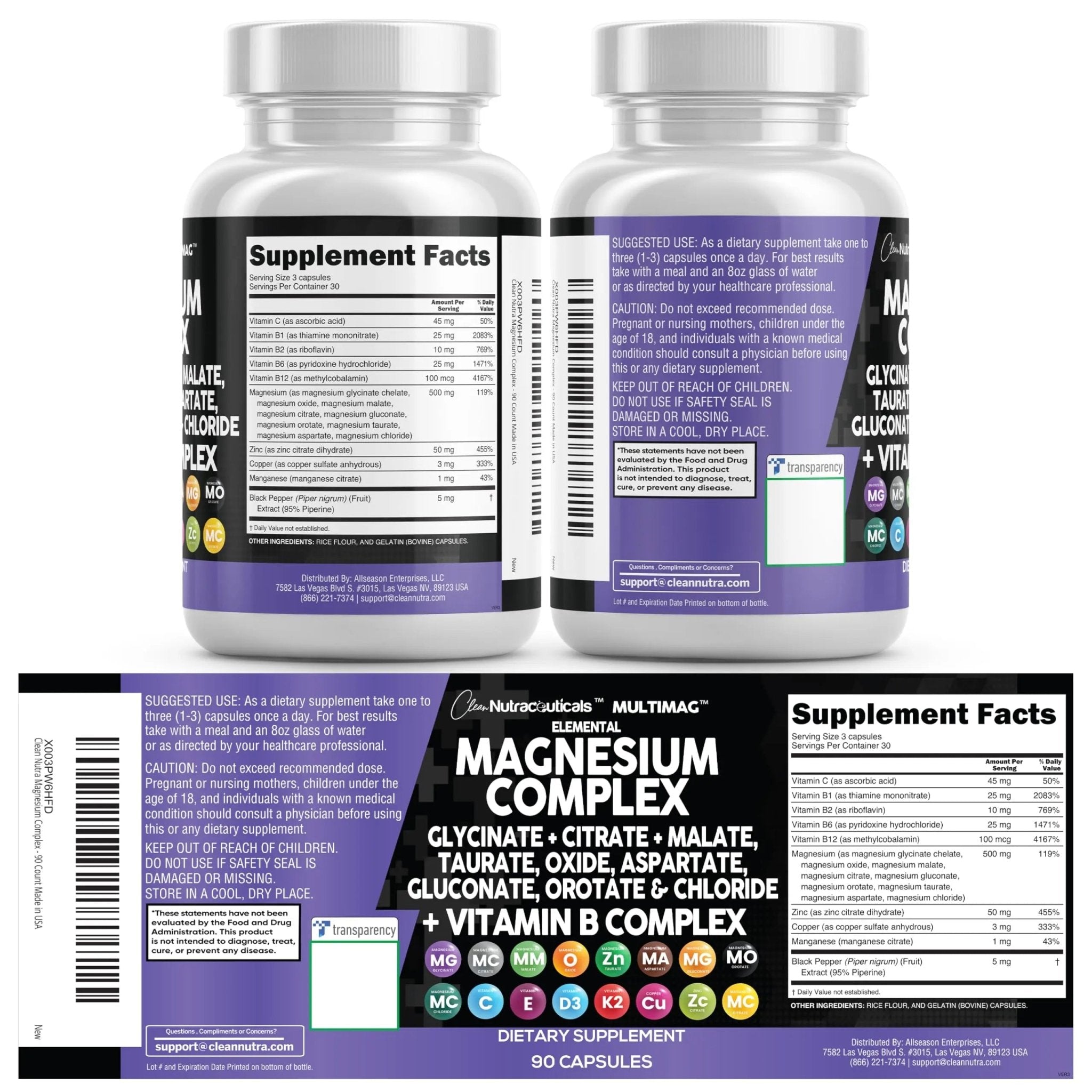 Clean Nutraceuticals Magnesium Complex with Magnesium Glycinate Citrate Malate Oxide Taurate Aspartate Orotate & Mag Chloride, Zinc Copper Manganese (90 Count (Pack of 2)) - TrustMedUSA