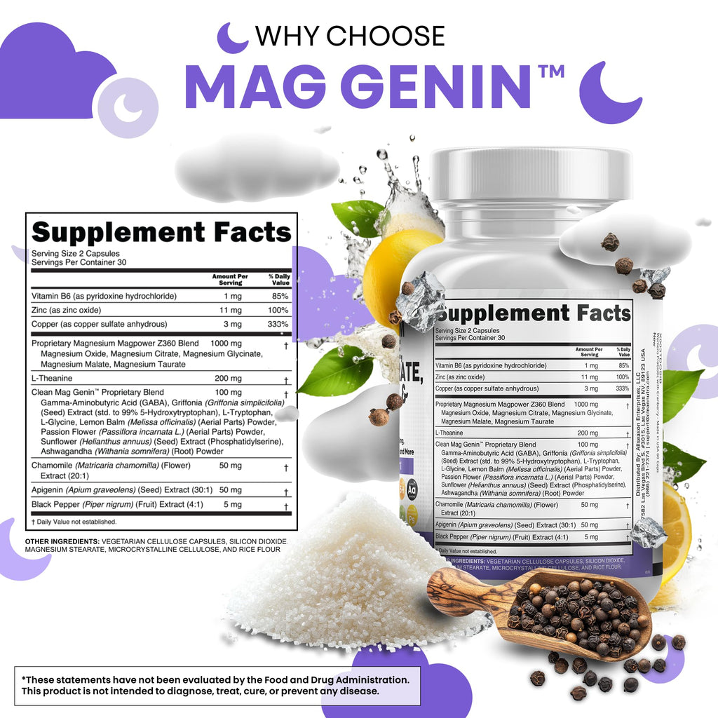 Clean Nutraceuticals Magnesium Glycinate Complex 1000mg with L-Theanine 200mg Apigenin 50mg Citrate Taurate Supplement - 5-HTP GABA Passion Flower Lemon Balm L-Glycine Phosphatidylserine - 60 Count - TrustMedUSA