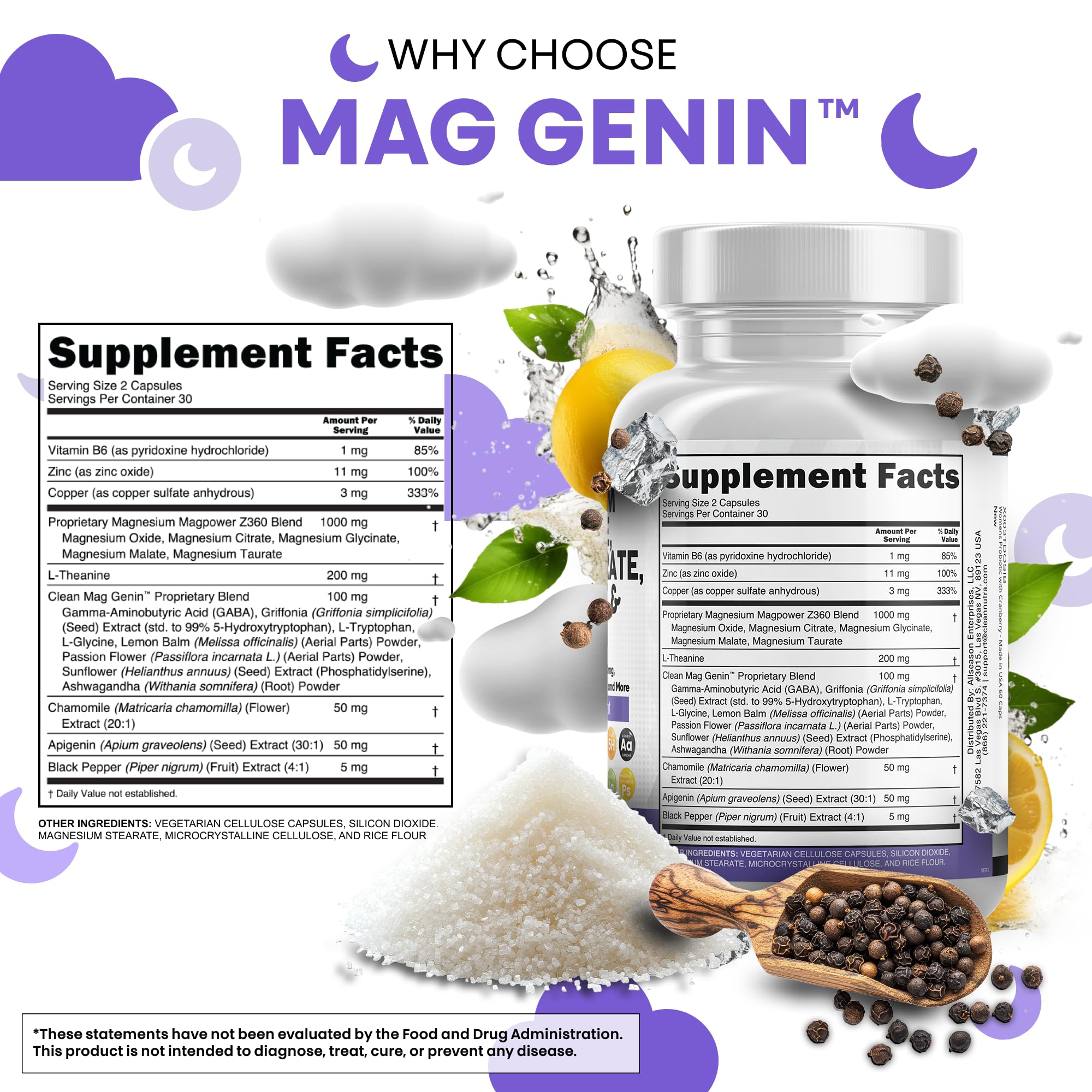 Clean Nutraceuticals Magnesium Glycinate Complex 1000mg with L-Theanine 200mg Apigenin 50mg Citrate Taurate Supplement - 5-HTP GABA Passion Flower Lemon Balm L-Glycine Phosphatidylserine - 60 Count - TrustMedUSA