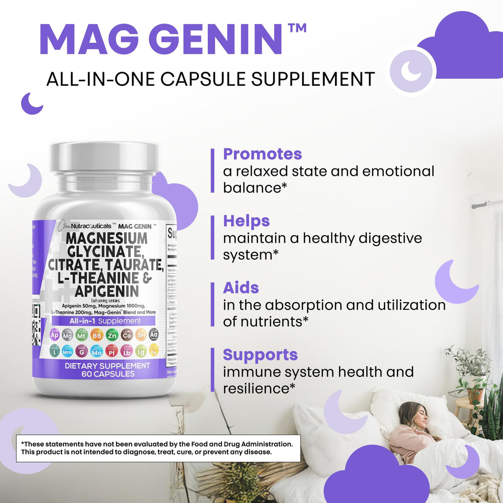 Clean Nutraceuticals Magnesium Glycinate Complex 1000mg with L-Theanine 200mg Apigenin 50mg Citrate Taurate Supplement - 5-HTP GABA Passion Flower Lemon Balm L-Glycine Phosphatidylserine - 60 Count - TrustMedUSA