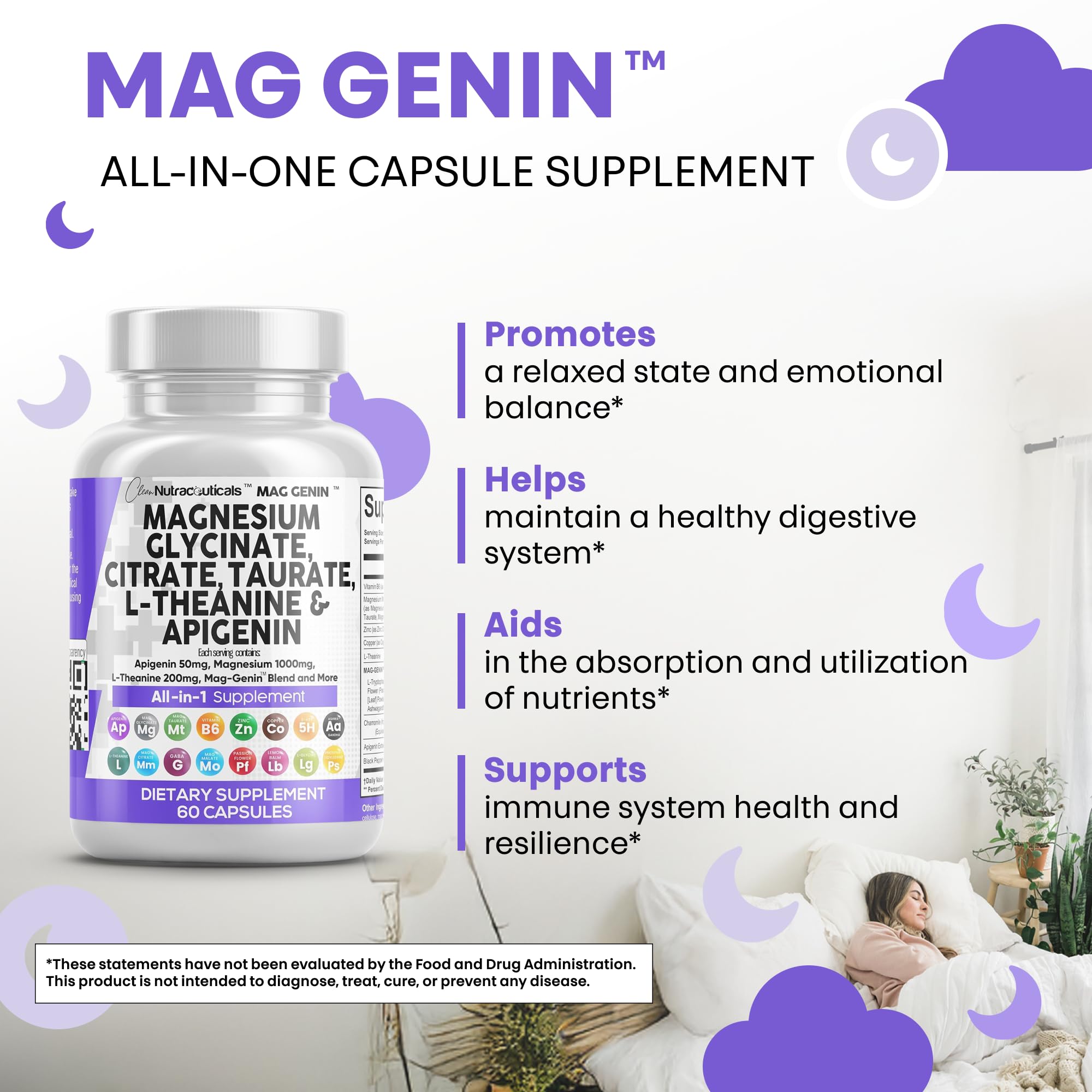 Clean Nutraceuticals Magnesium Glycinate Complex 1000mg with L-Theanine 200mg Apigenin 50mg Citrate Taurate Supplement - 5-HTP GABA Passion Flower Lemon Balm L-Glycine Phosphatidylserine - 60 Count - TrustMedUSA