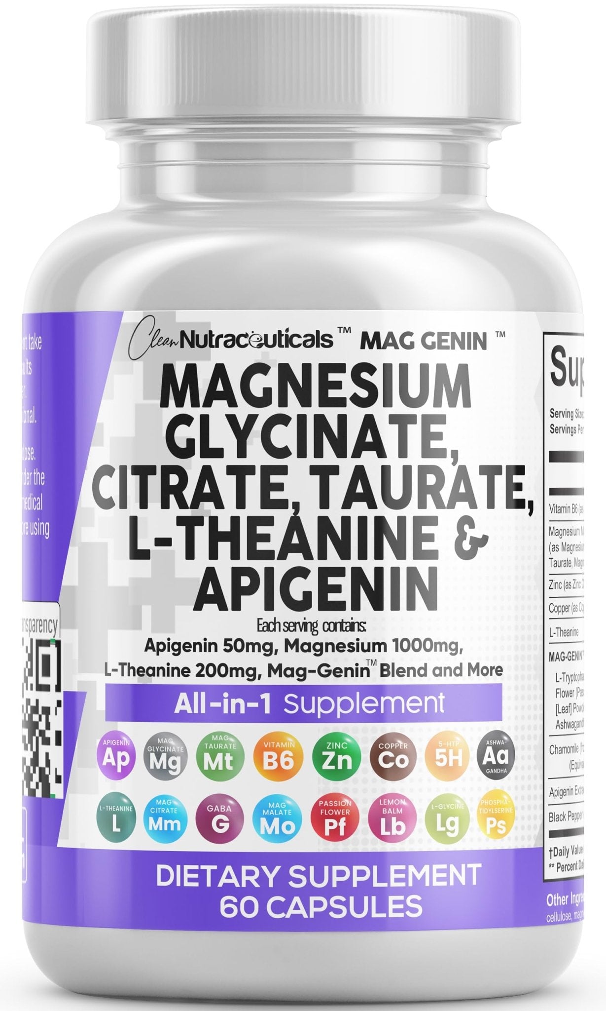 Clean Nutraceuticals Magnesium Glycinate Complex 1000mg with L-Theanine 200mg Apigenin 50mg Citrate Taurate Supplement - 5-HTP GABA Passion Flower Lemon Balm L-Glycine Phosphatidylserine - 60 Count - TrustMedUSA