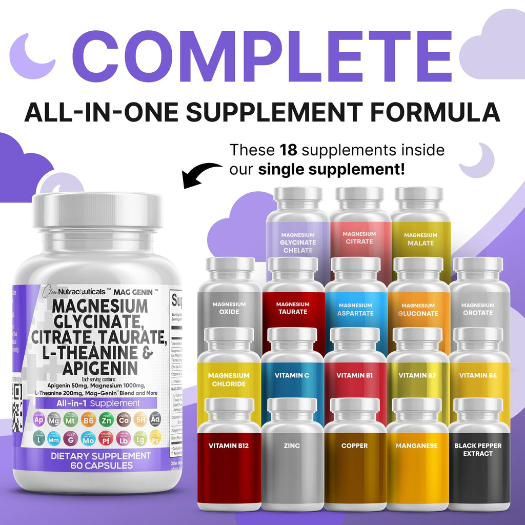 Clean Nutraceuticals Magnesium Glycinate Complex 1000mg with L-Theanine 200mg Apigenin 50mg Citrate Taurate Supplement - 5-HTP GABA Passion Flower Lemon Balm L-Glycine Phosphatidylserine - 60 Count - TrustMedUSA