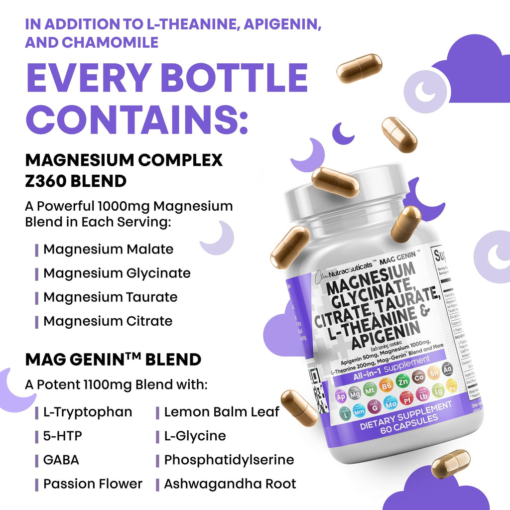 Clean Nutraceuticals Magnesium Glycinate Complex 1000mg with L-Theanine 200mg Apigenin 50mg Citrate Taurate Supplement - 5-HTP GABA Passion Flower Lemon Balm L-Glycine Phosphatidylserine - 60 Count - TrustMedUSA