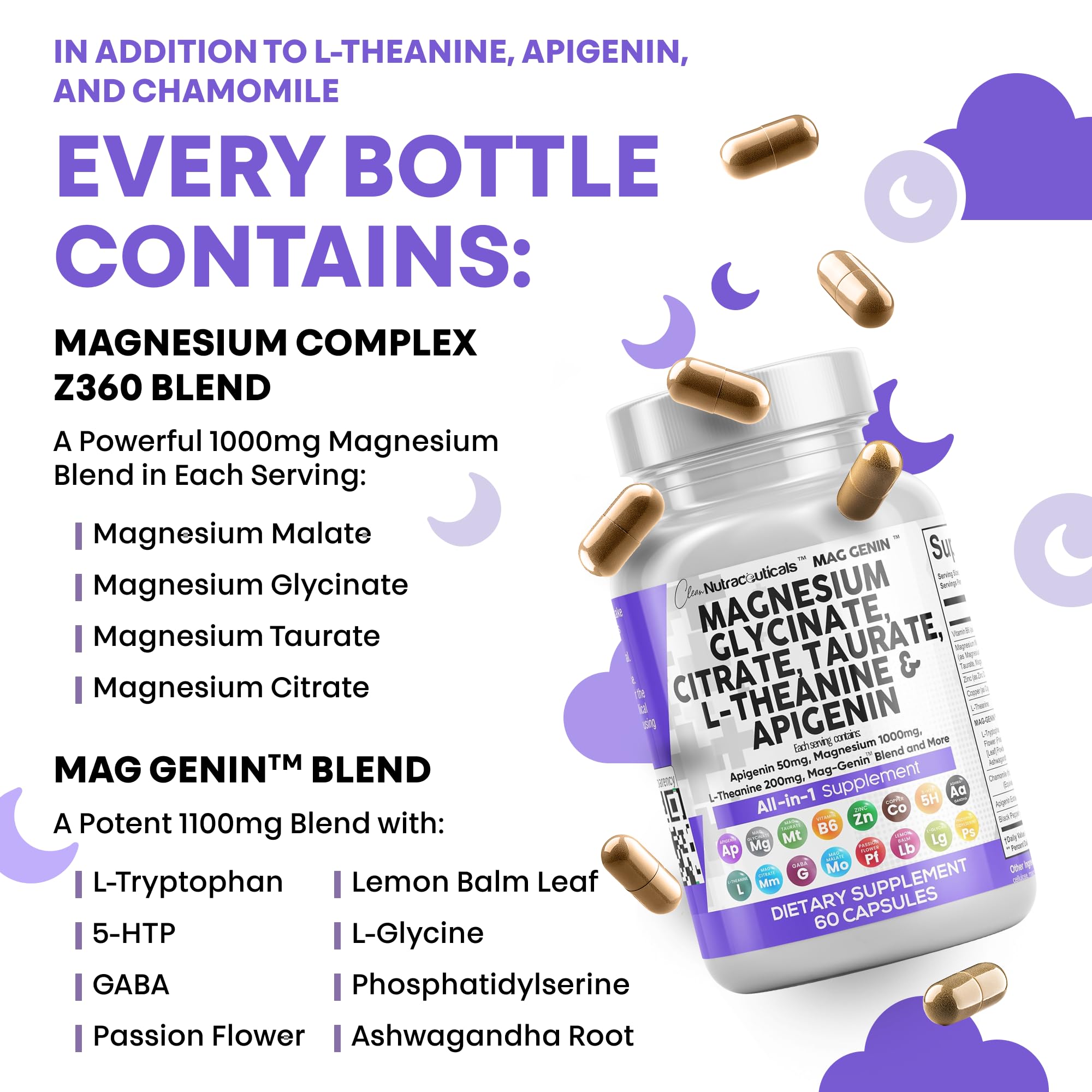 Clean Nutraceuticals Magnesium Glycinate Complex 1000mg with L-Theanine 200mg Apigenin 50mg Citrate Taurate Supplement - 5-HTP GABA Passion Flower Lemon Balm L-Glycine Phosphatidylserine - 60 Count - TrustMedUSA