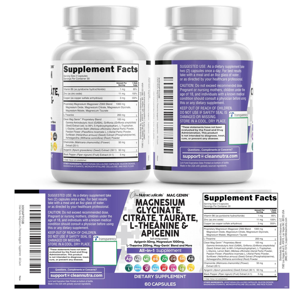 Clean Nutraceuticals Magnesium Glycinate Complex 1000mg with L-Theanine 200mg Apigenin 50mg Citrate Taurate Supplement - 5-HTP GABA Passion Flower Lemon Balm L-Glycine Phosphatidylserine - 60 Count - TrustMedUSA