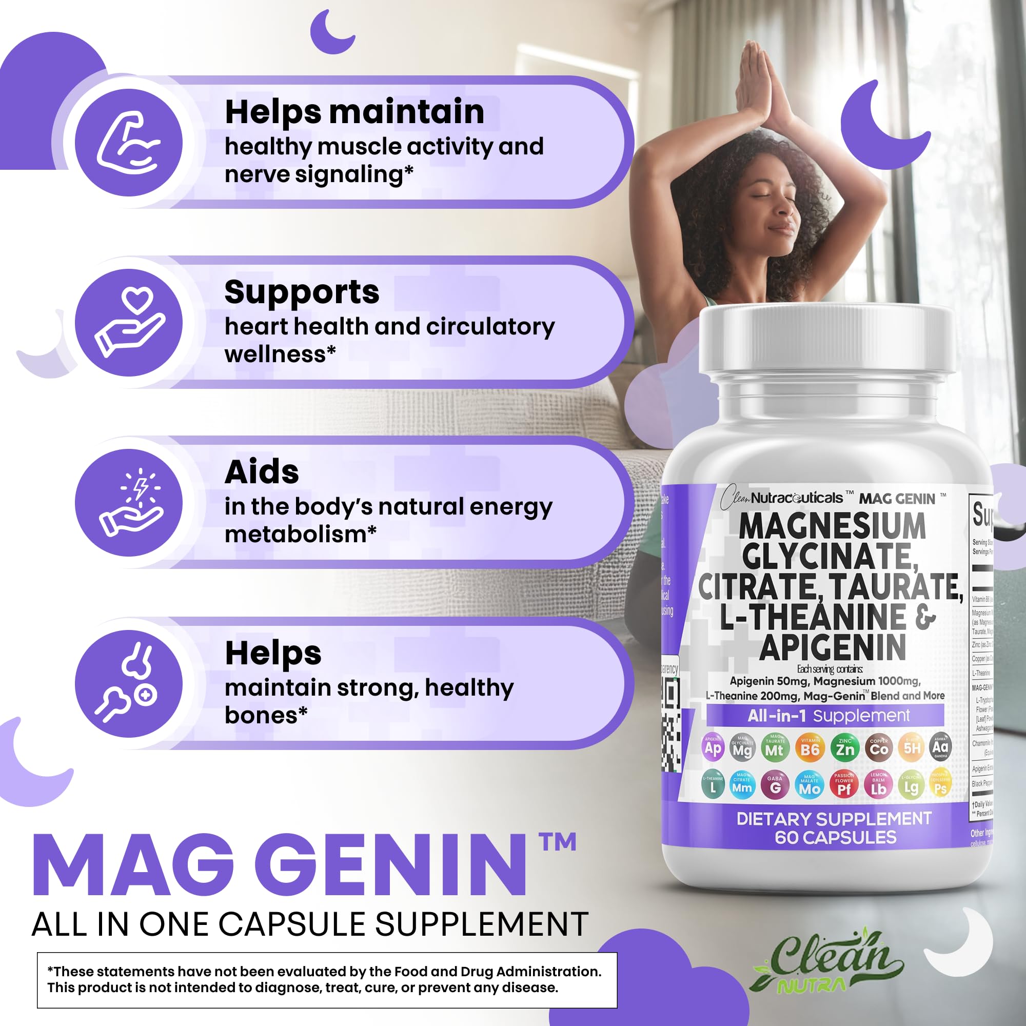 Clean Nutraceuticals Magnesium Glycinate Complex 1000mg with L-Theanine 200mg Apigenin 50mg Citrate Taurate Supplement - 5-HTP GABA Passion Flower Lemon Balm L-Glycine Phosphatidylserine - 60 Count - TrustMedUSA