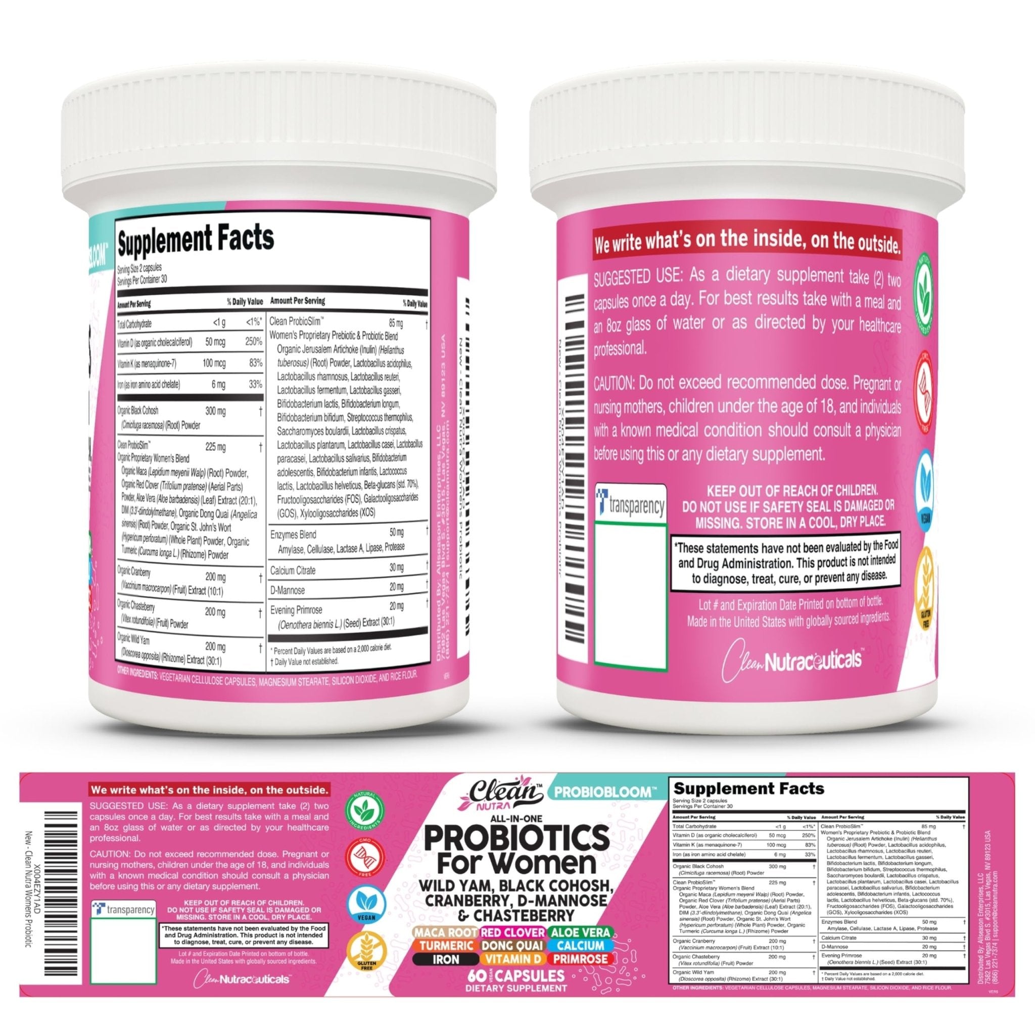Clean Nutraceuticals Probiotics for Women with D Mannose, Cranberry Extract, Wild Yam, Chasteberry - 20 Probiotic and Prebiotic Strains - PH Balance, Womens Probiotic for Digestive Health - 60 Count - TrustMedUSA