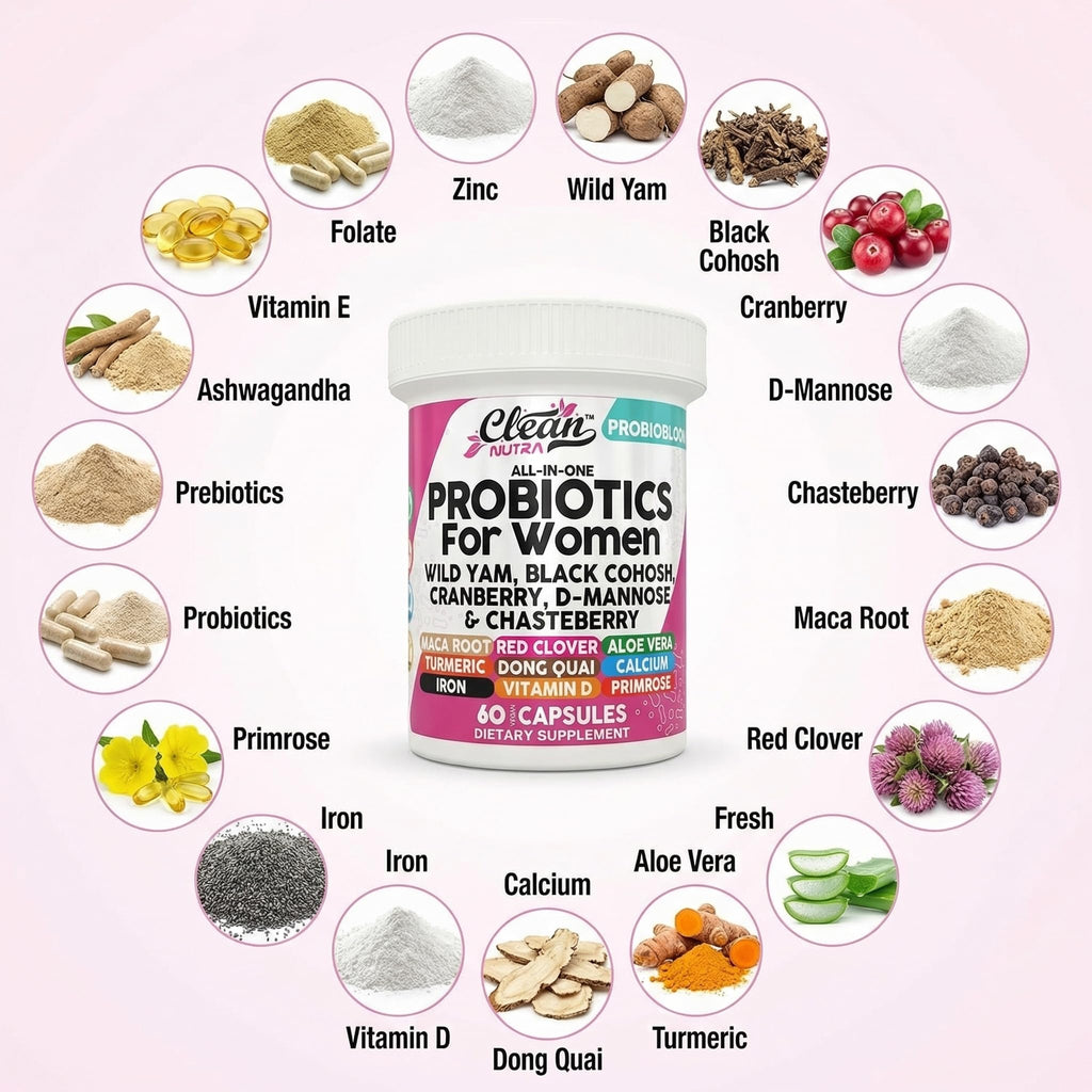 Clean Nutraceuticals Probiotics for Women with D Mannose, Cranberry Extract, Wild Yam, Chasteberry - 20 Probiotic and Prebiotic Strains - PH Balance, Womens Probiotic for Digestive Health - 60 Count - TrustMedUSA