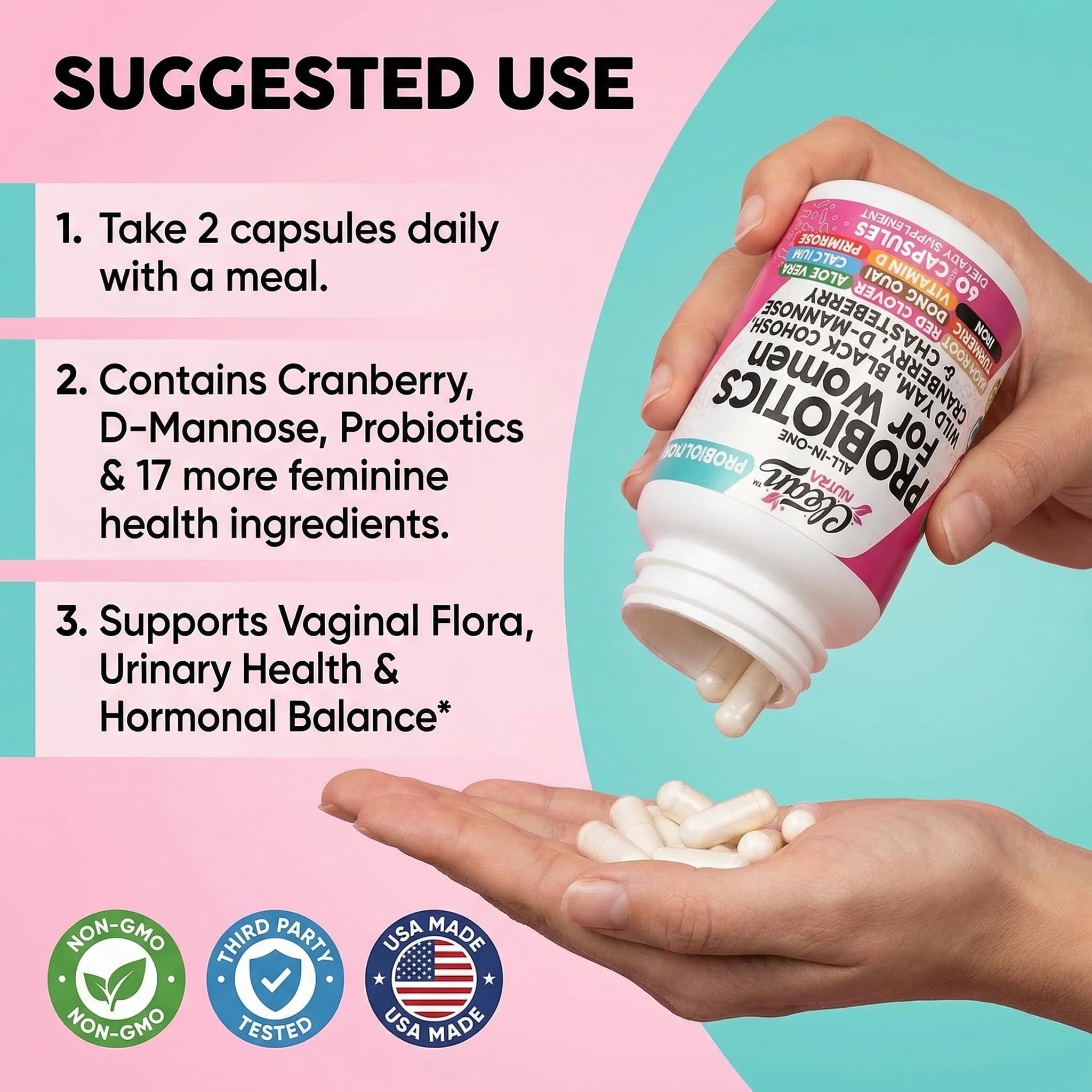 Clean Nutraceuticals Probiotics for Women with D Mannose, Cranberry Extract, Wild Yam, Chasteberry - 20 Probiotic and Prebiotic Strains - PH Balance, Womens Probiotic for Digestive Health - 60 Count - TrustMedUSA