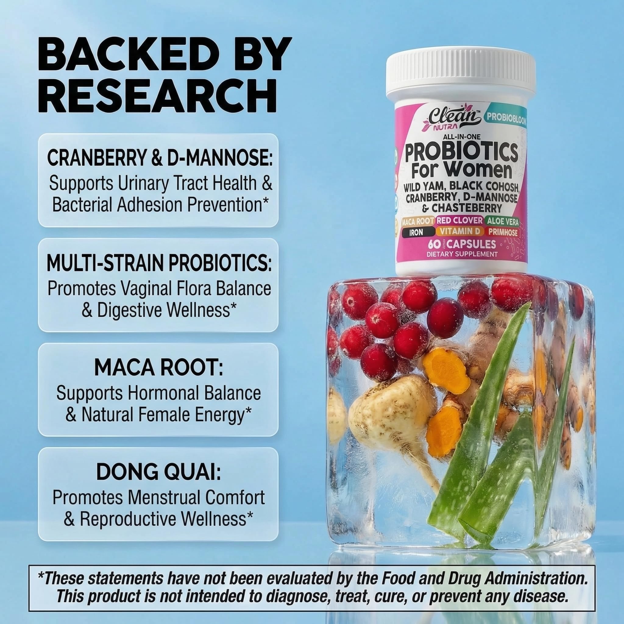 Clean Nutraceuticals Probiotics for Women with D Mannose, Cranberry Extract, Wild Yam, Chasteberry - 20 Probiotic and Prebiotic Strains - PH Balance, Womens Probiotic for Digestive Health - 60 Count - TrustMedUSA