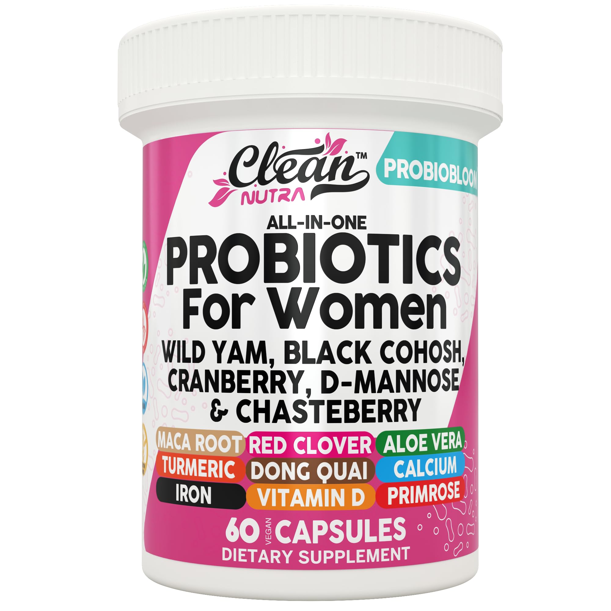 Clean Nutraceuticals Probiotics for Women with D Mannose, Cranberry Extract, Wild Yam, Chasteberry - 20 Probiotic and Prebiotic Strains - PH Balance, Womens Probiotic for Digestive Health - 60 Count - TrustMedUSA