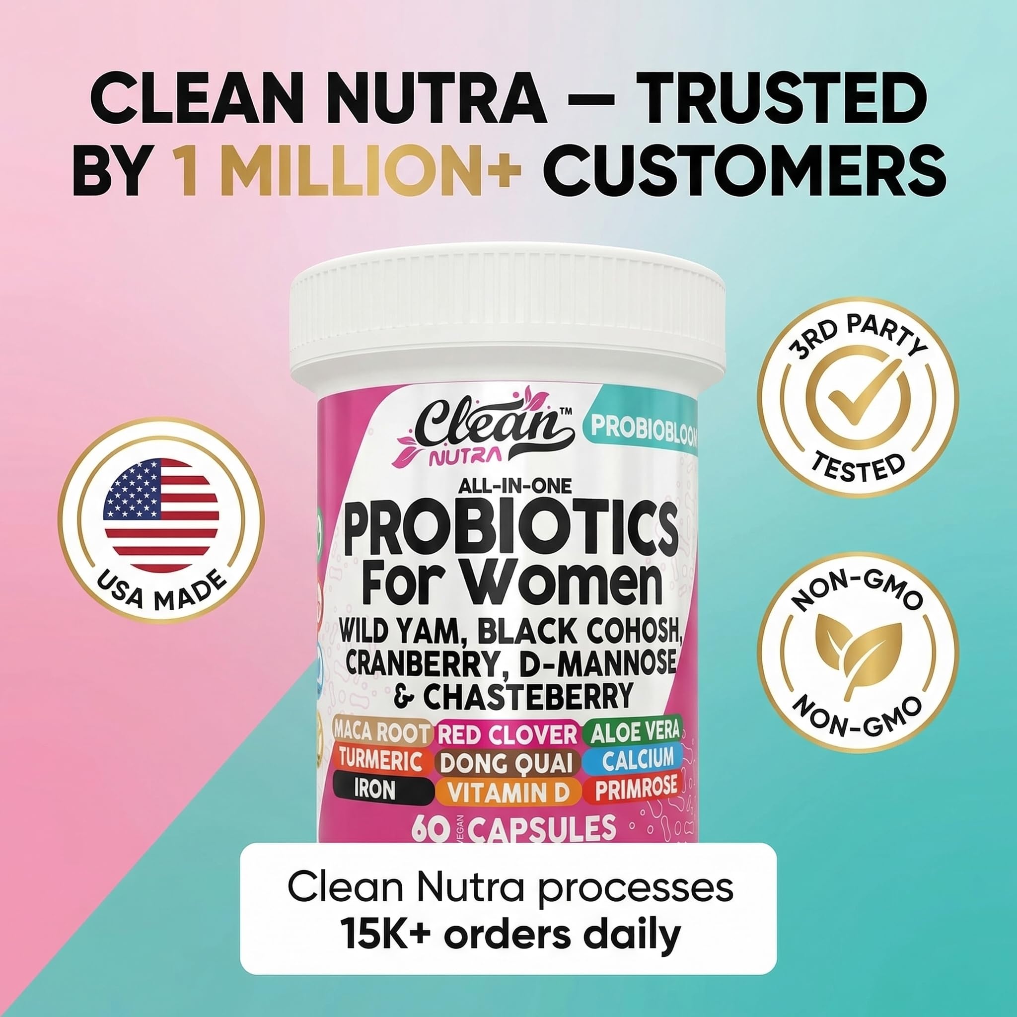 Clean Nutraceuticals Probiotics for Women with D Mannose, Cranberry Extract, Wild Yam, Chasteberry - 20 Probiotic and Prebiotic Strains - PH Balance, Womens Probiotic for Digestive Health - 60 Count - TrustMedUSA