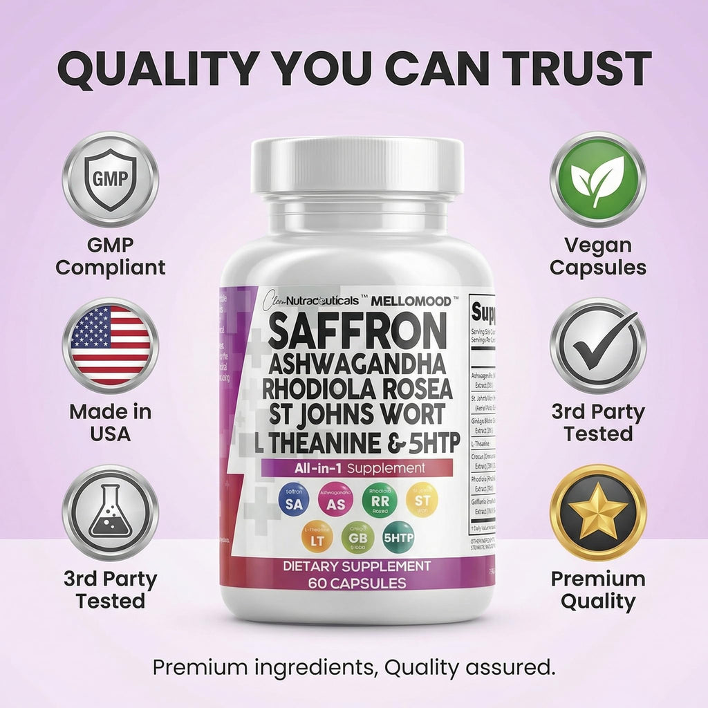 Clean Nutraceuticals Saffron Supplements Extract 100mg + Ashwagandha L-Theanine 200mg - Mood Support Ginkgo Biloba, St. John's Wort, Rhodiola Rosea & 5-HTP Capsules Pills Men Women - Maple Wellness Supplements