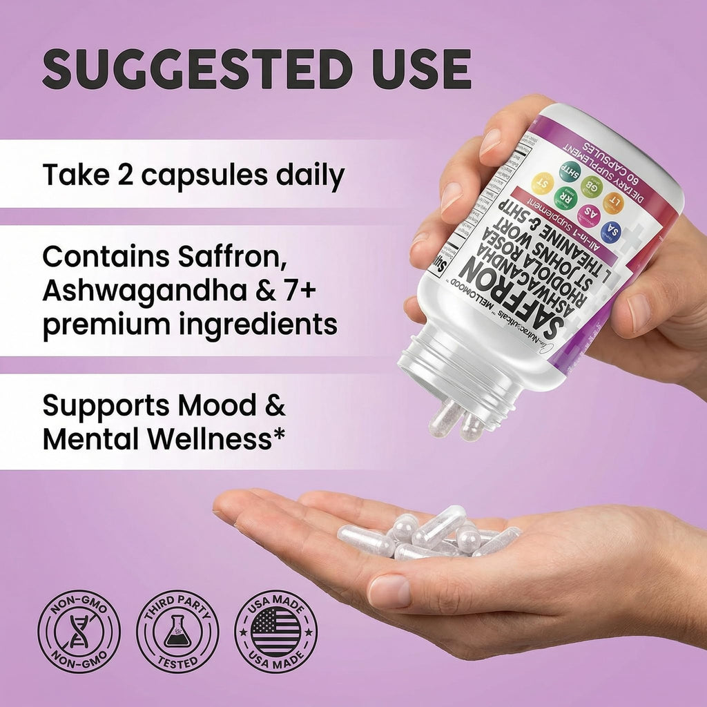 Clean Nutraceuticals Saffron Supplements Extract 100mg + Ashwagandha L-Theanine 200mg - Mood Support Ginkgo Biloba, St. John's Wort, Rhodiola Rosea & 5-HTP Capsules Pills Men Women - Maple Wellness Supplements